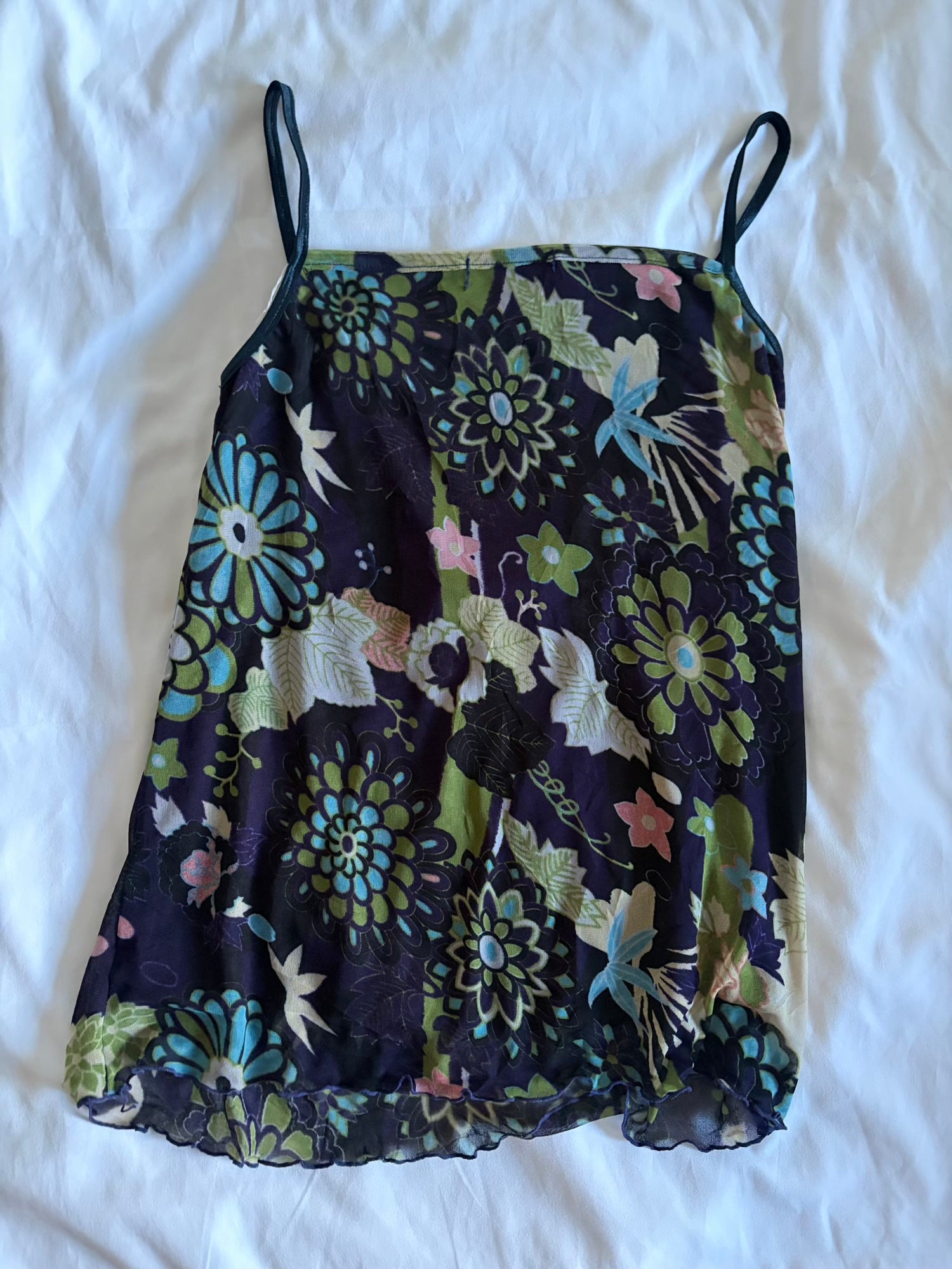 Vintage Y2K Japanese navy floral mesh overlay cami with ribbon bust detail