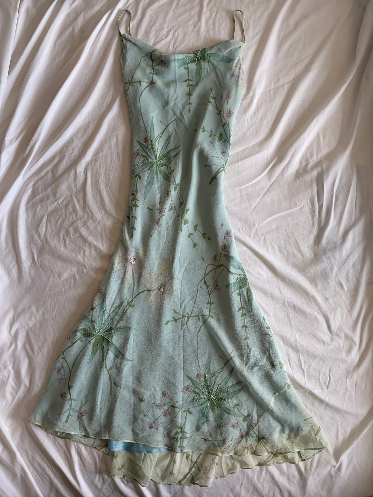 Vintage 1990s Silk Pastel Midi Dress with Florals and Beading