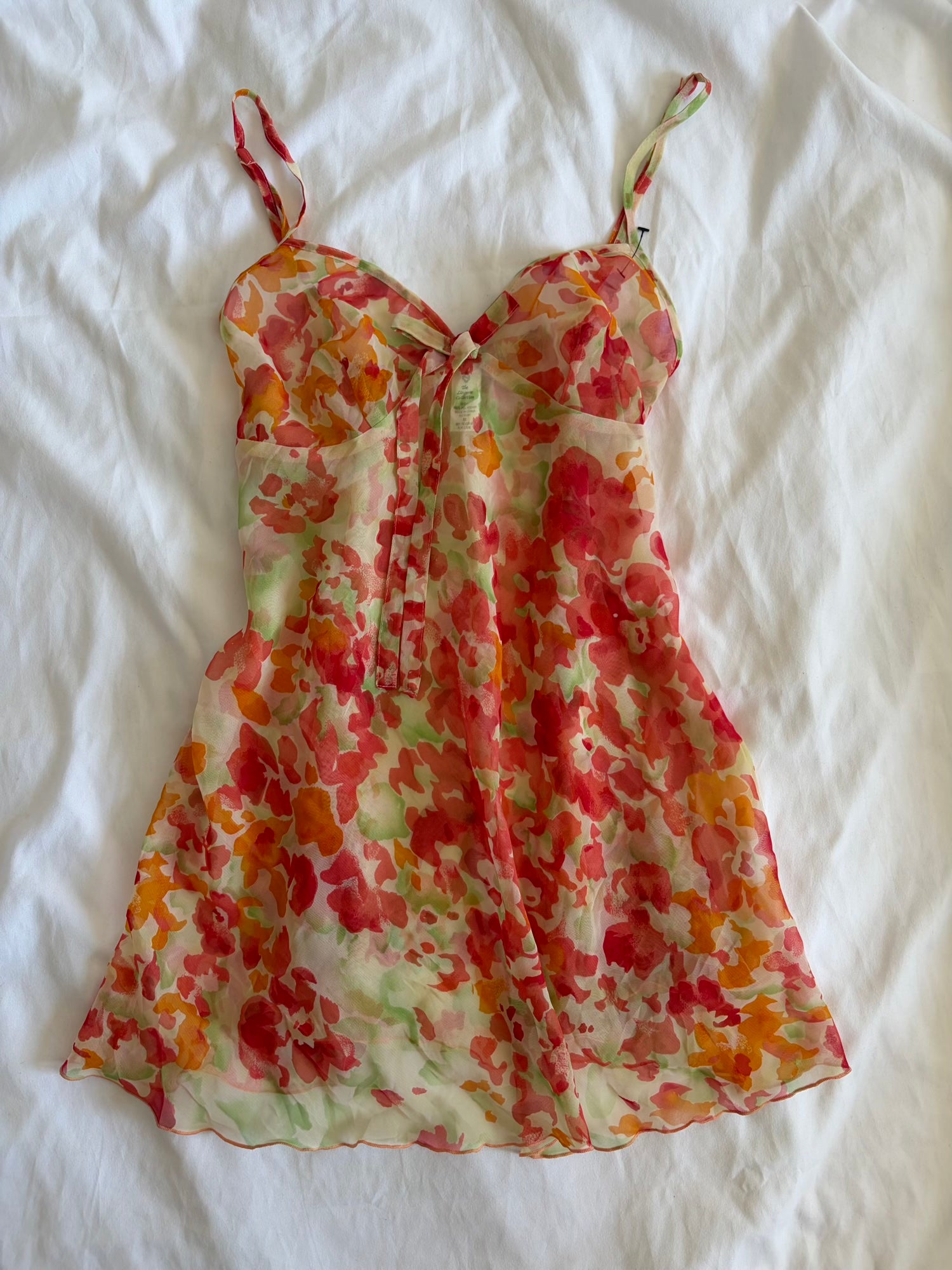 Vintage 1990s orange romantic floral floaty sheer ultra mini dress