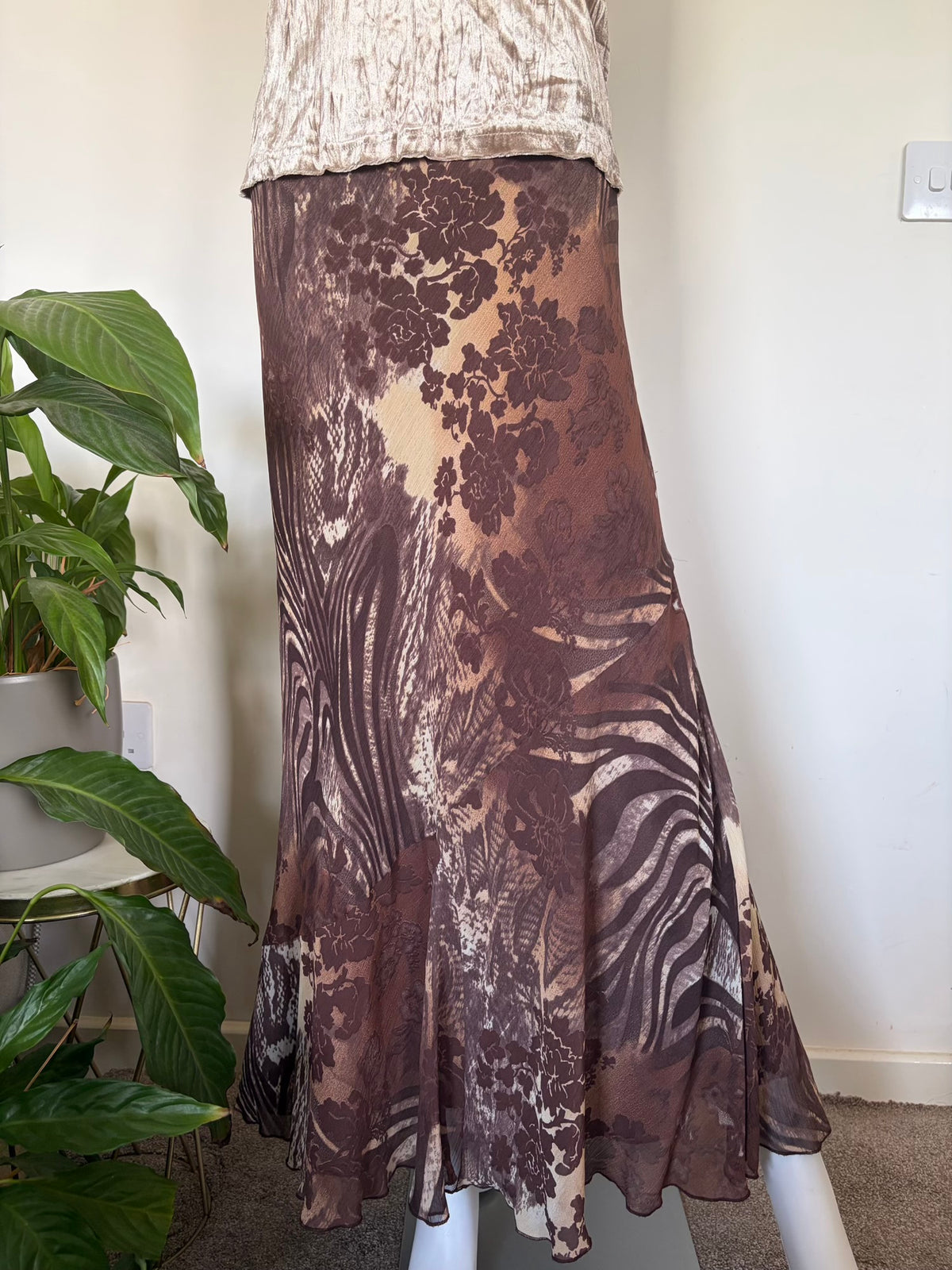 Vintage 1990s Brown Floral and Animal Print Floaty Skirt