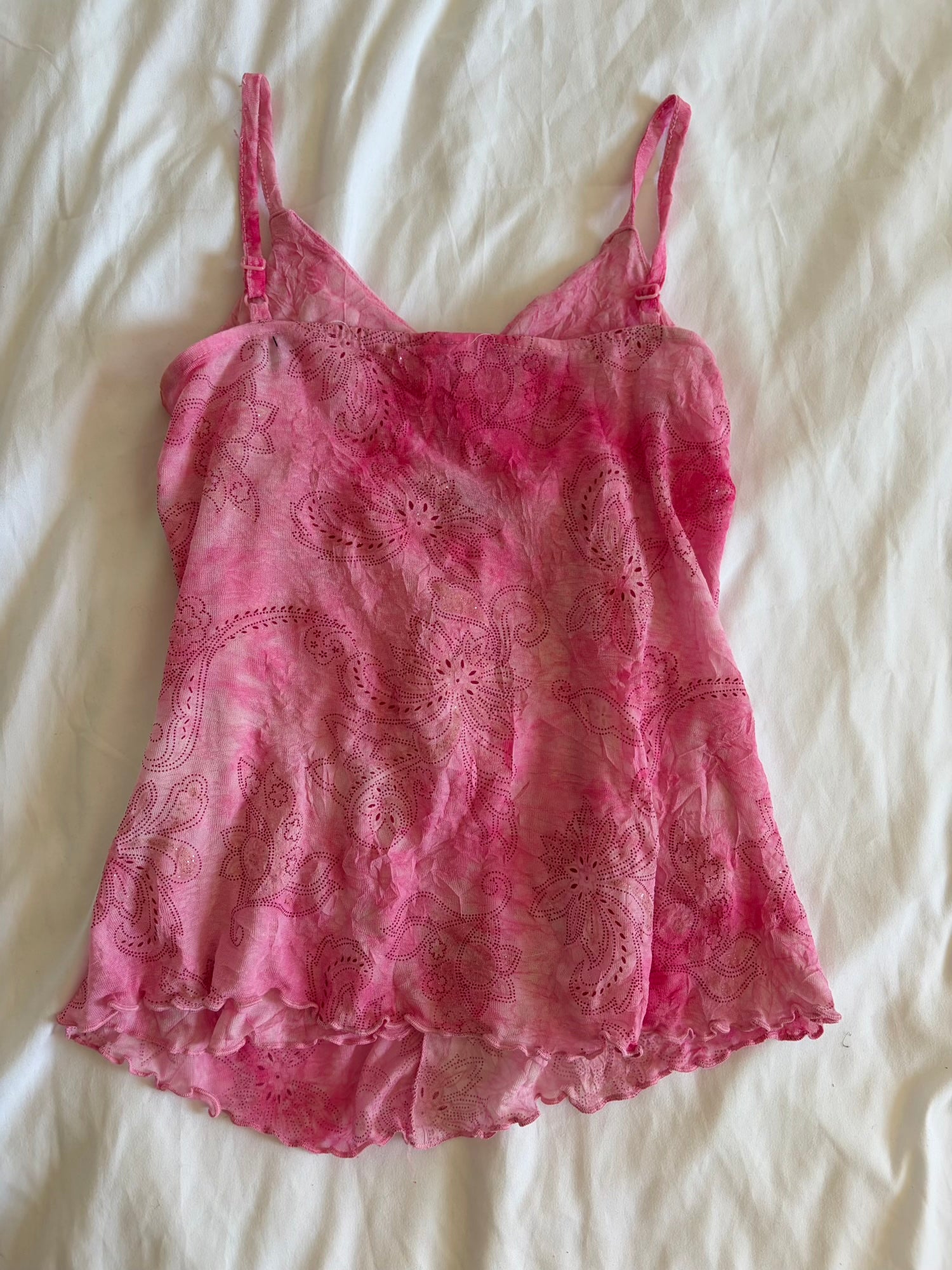 Vintage pink knot bust cami with floral print and sparkly detail and lettuce hem