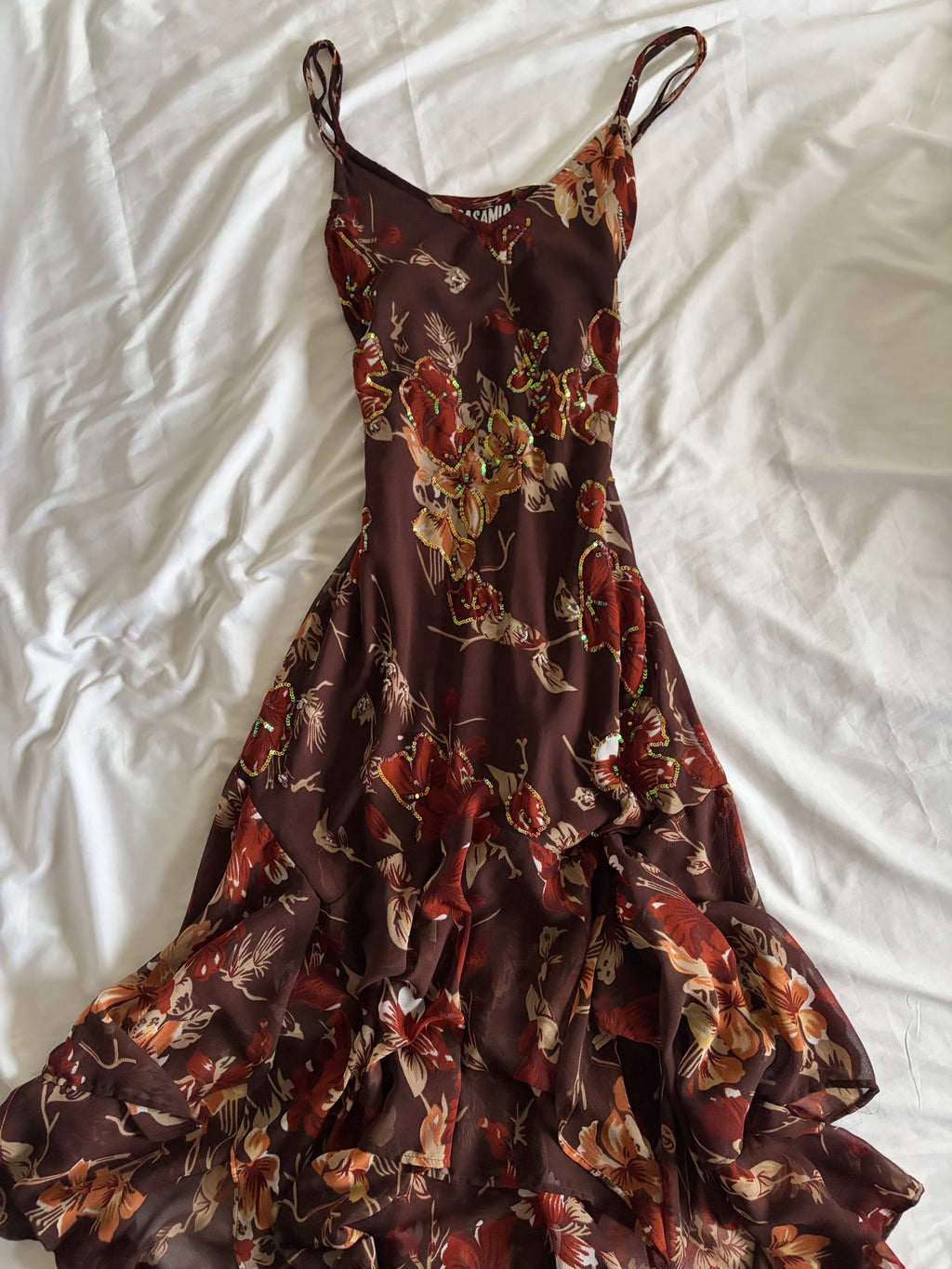 Vintage 2000s Brown Asymmetrical Hem Dress with Beads, Sequins and Matching Scarf