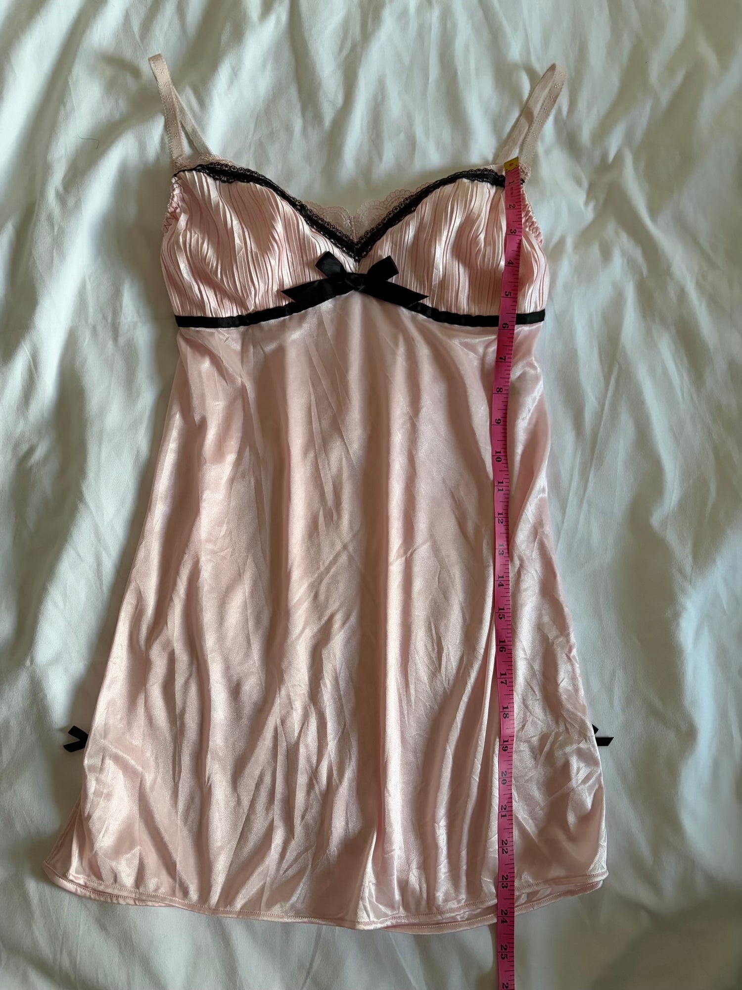 Vintage Y2K Japanese baby pink and satin babydoll style cami with black details and ribbon