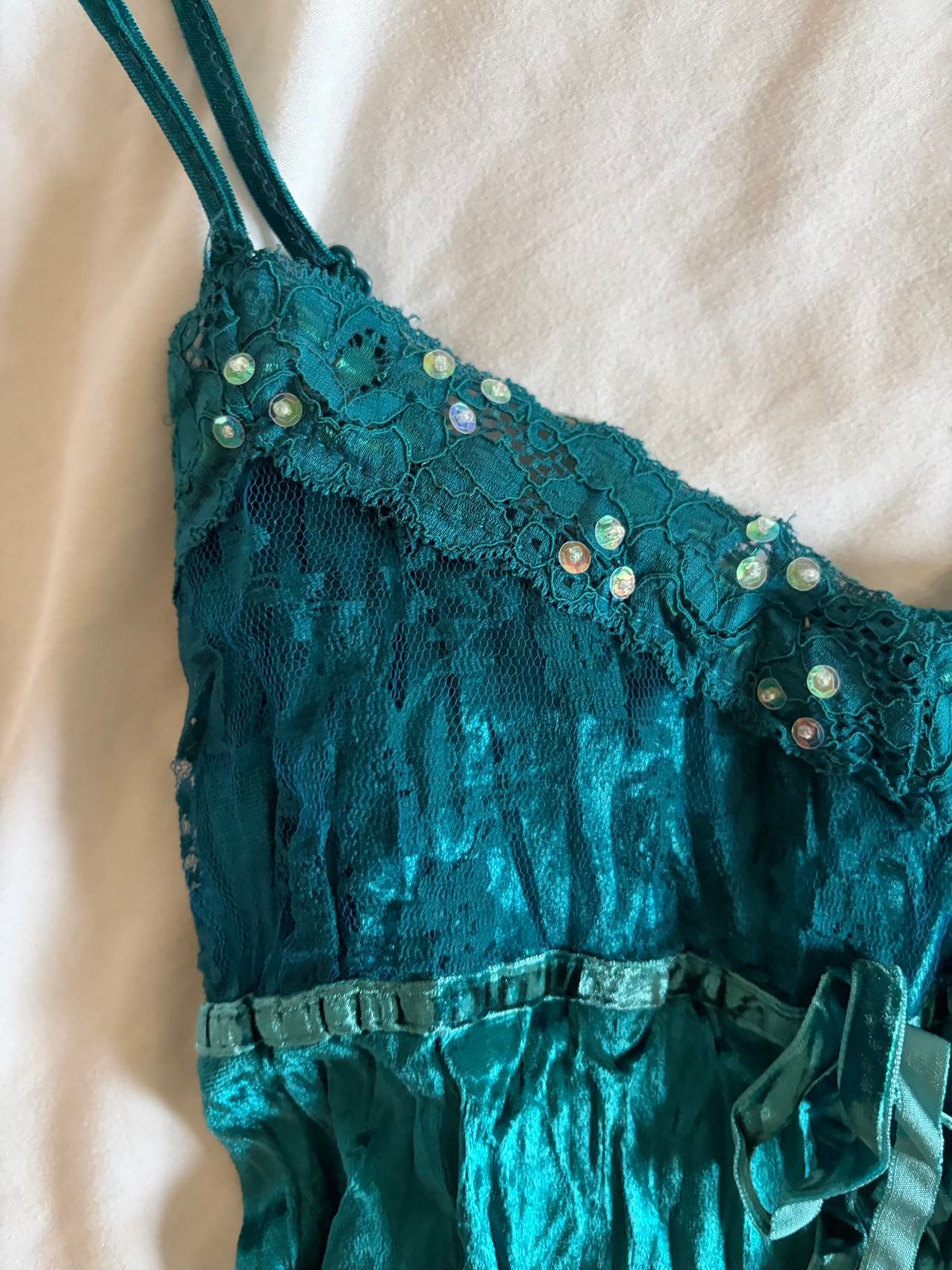 Vintage 2000s Teal Velvet Cami with Sequins, Beads and Ribbon Detail