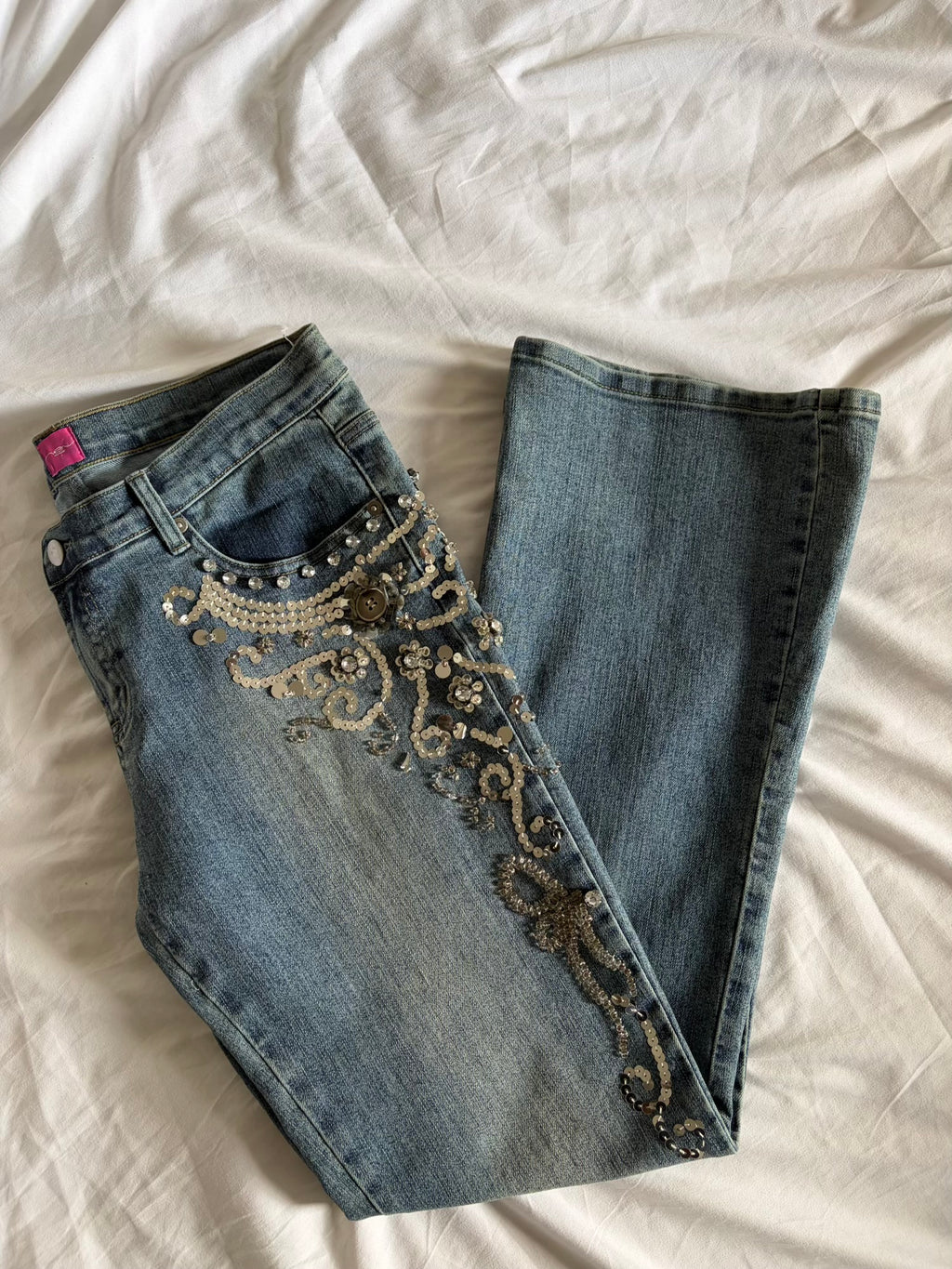 Vintage 2000s Mid Rise Bootcut Flared Jeans with Silver Embellishment and Beads