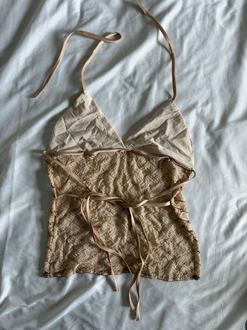 Handmade Backless Beige Cami with Baby Pink and Gun Metal Grey Beads