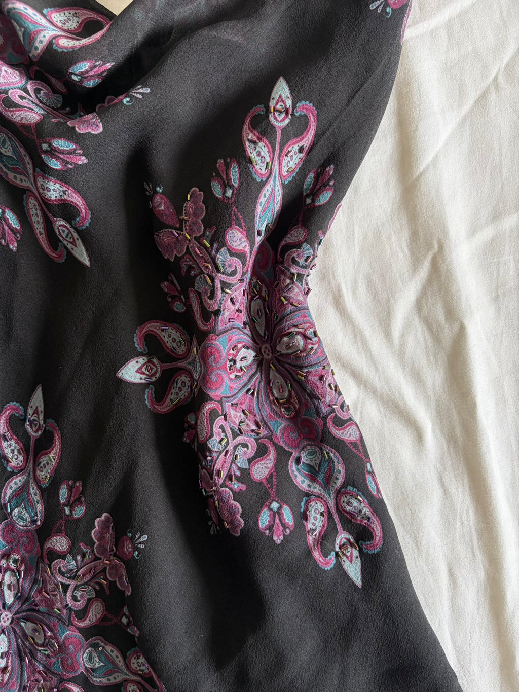 Vintage 1990s Gharani Strok Silk Whimsy Asymmetrical Hem Top with Braided Straps and Beads