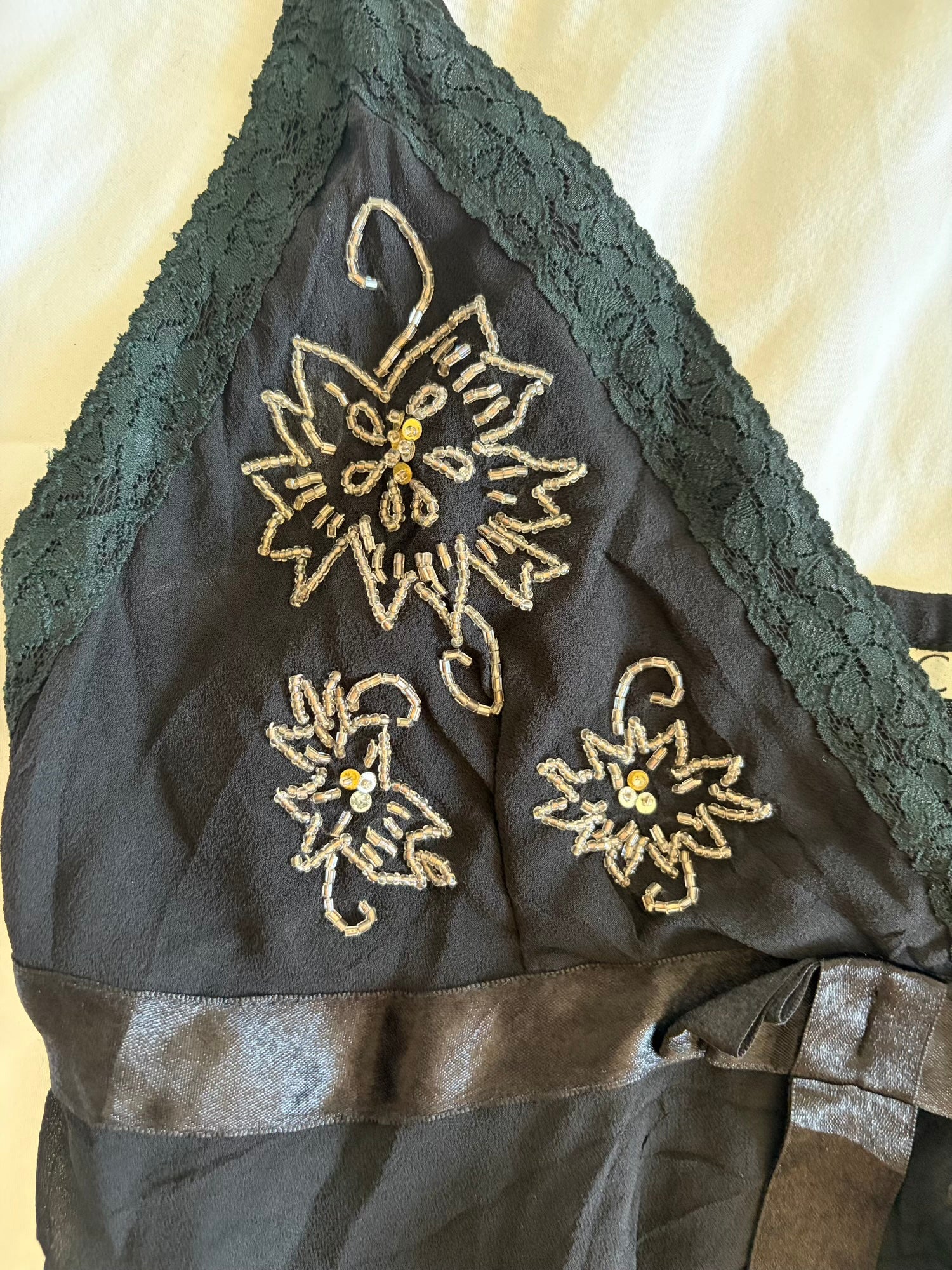 Vintage Y2K Japanese black silk handkerchief hem beaded and sequin cami