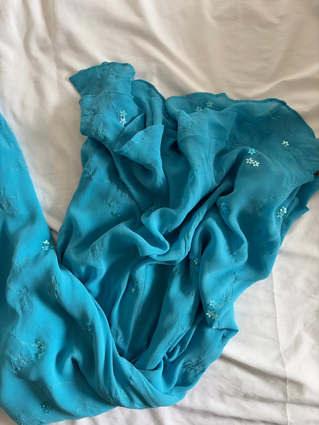 Vintage 1990s Turquoise Silk Asymmetrical Hem Dress with Mini Flowers and Beads