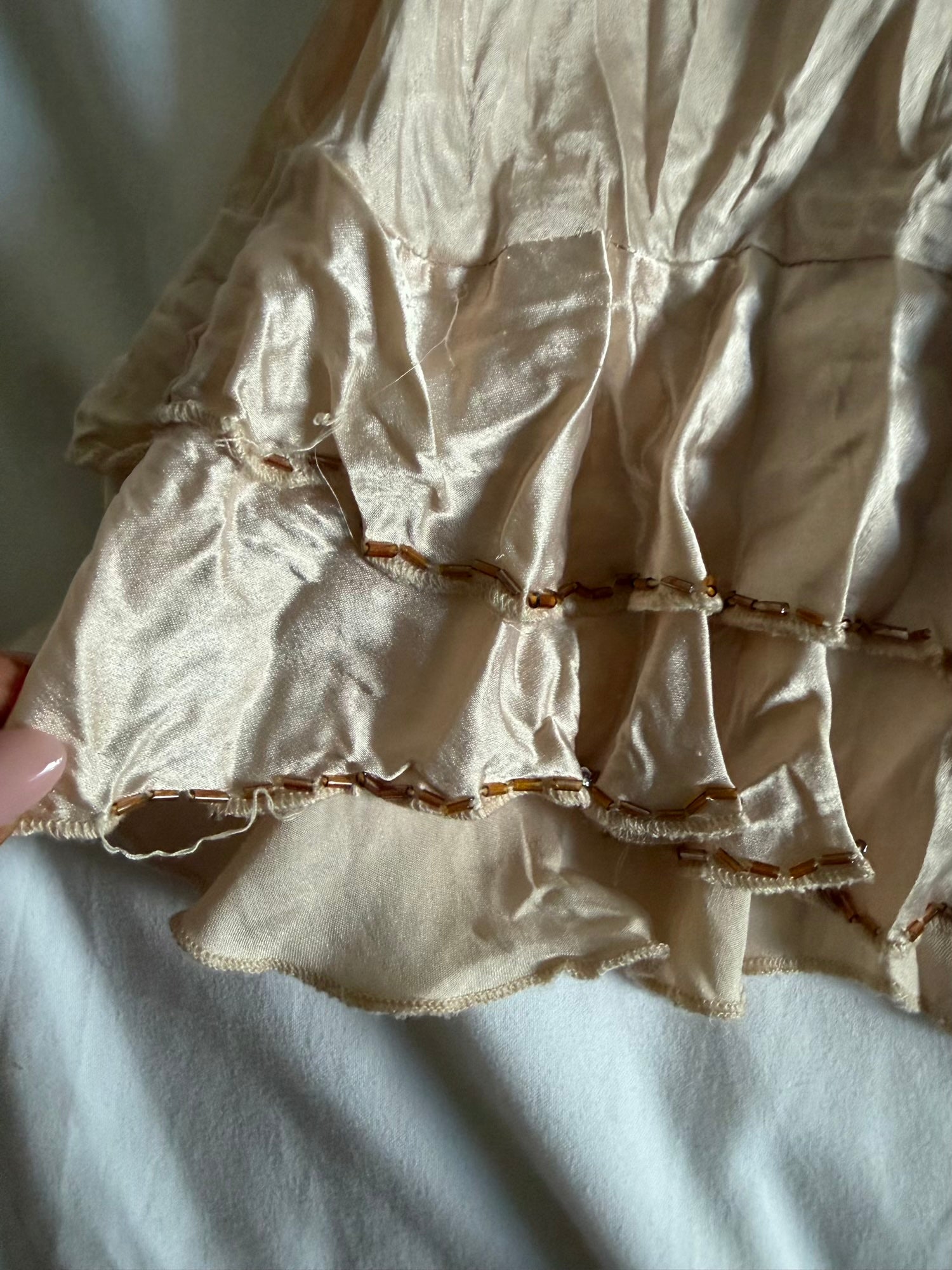 Vintage Y2K blush ruffle hem cami with bronze beaded detail and sequins