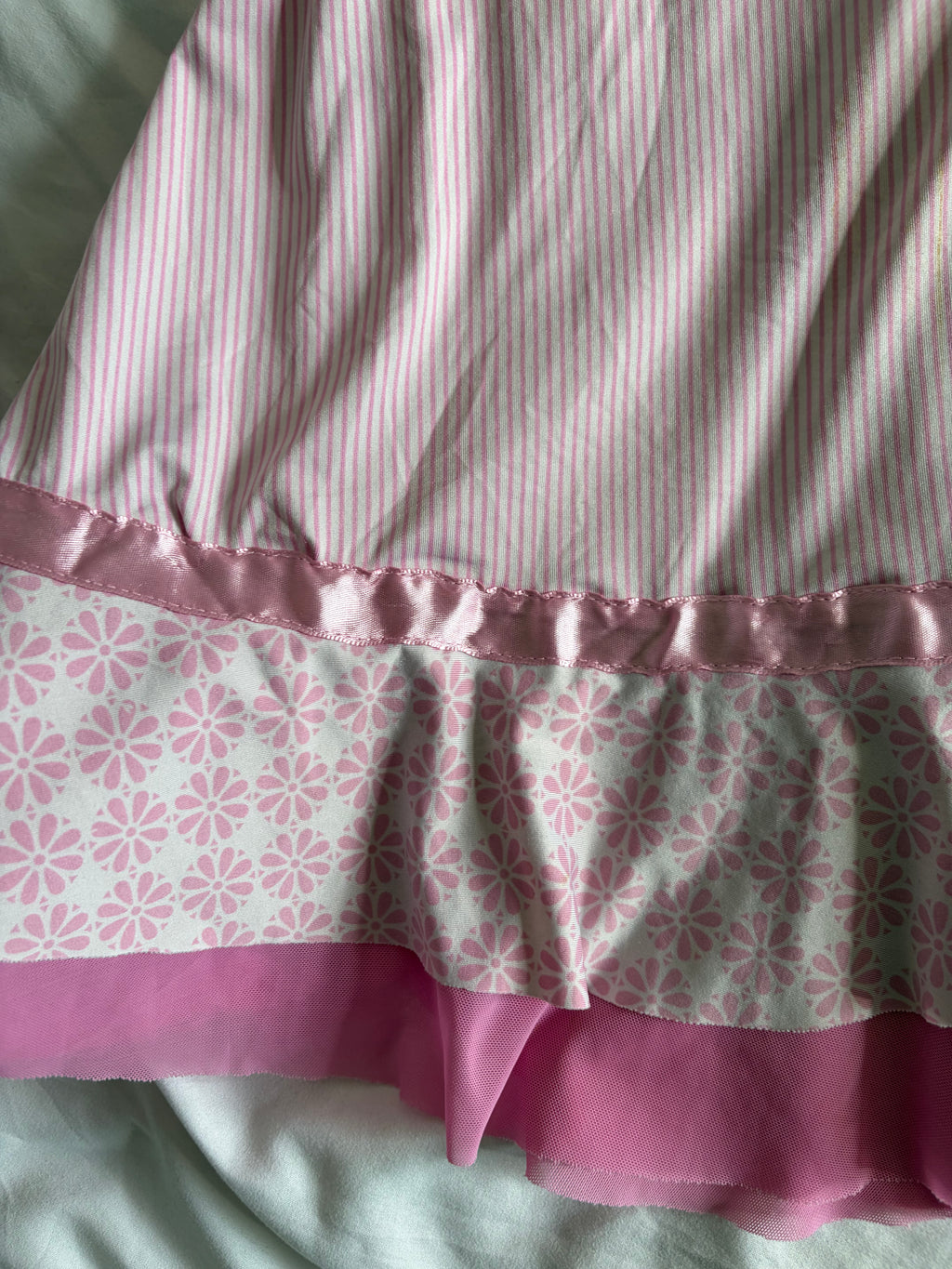 Vintage 2000s Pink Pinstripe and Floral Mini with Mesh Ruffle Hem
