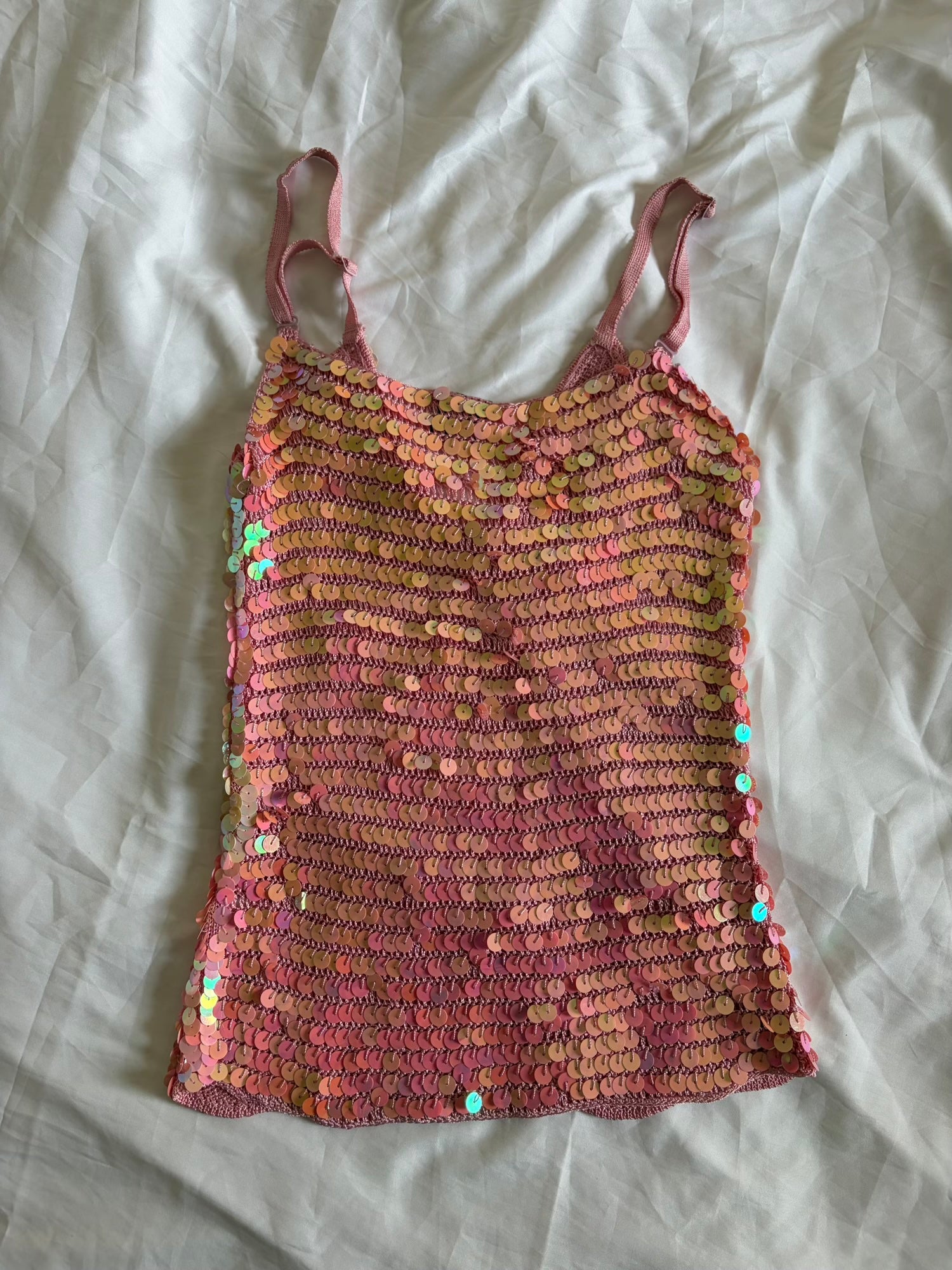 Vintage Y2K Bay Strawberry Milkshake Pink Crochet Sequin Cami