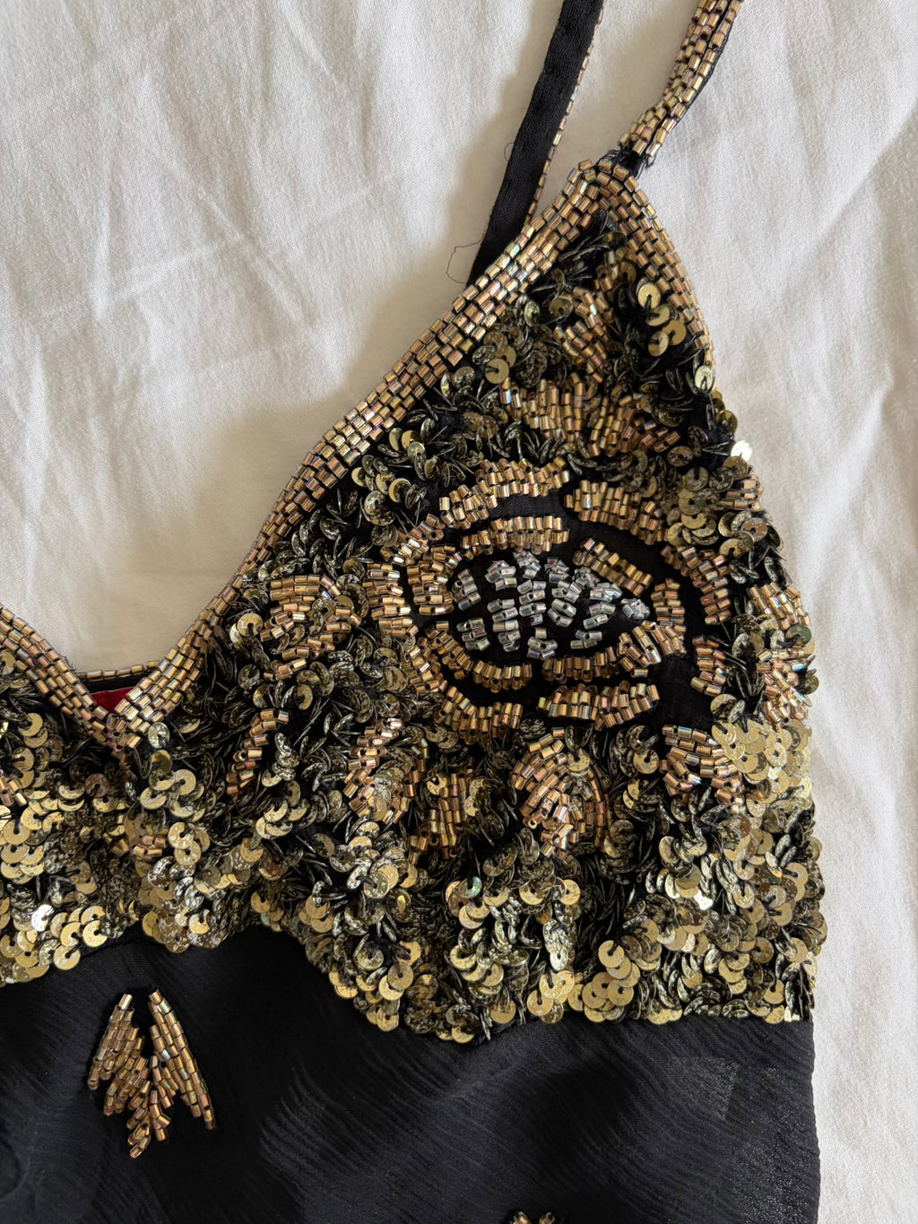 Vintage Y2K Aftershock Silk Black Cami with Gold and Silver Beads and Sequins