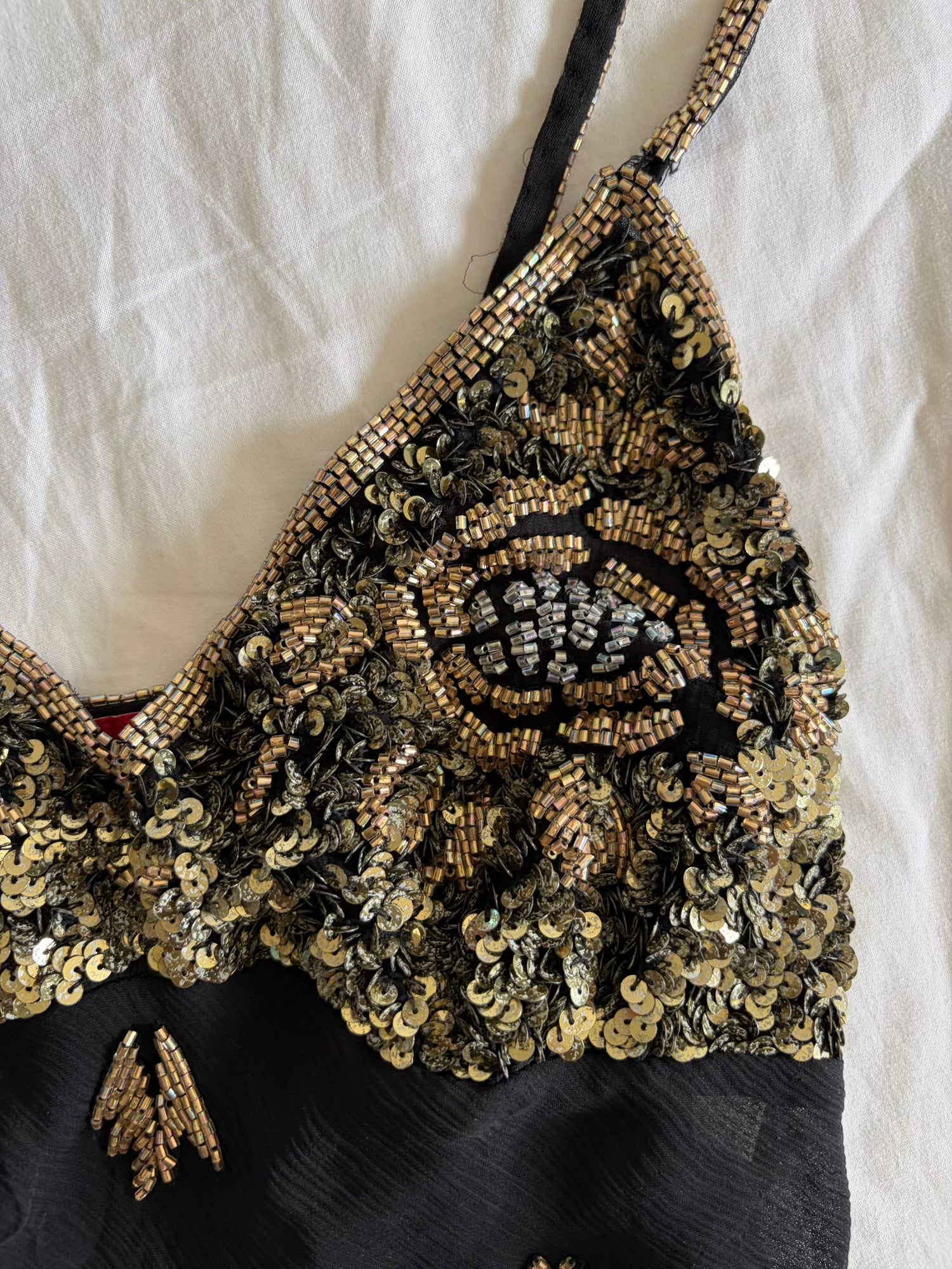 Vintage Y2K Aftershock Silk Black Cami with Gold and Silver Beads and Sequins