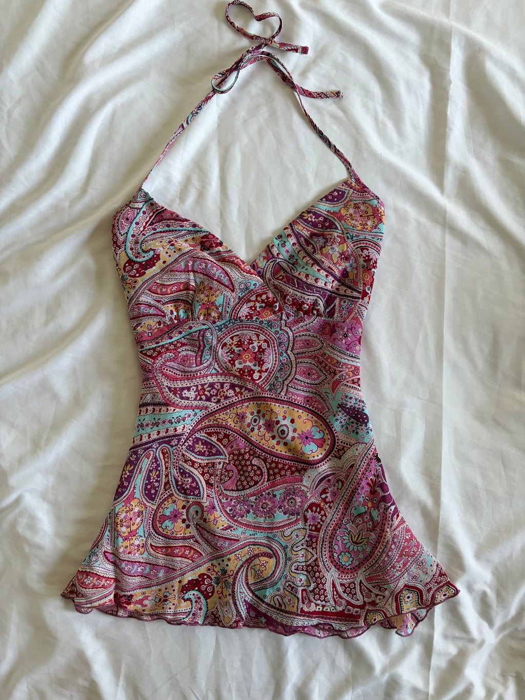 Vintage Y2K pink paisley halterneck cami with floaty fairy hem