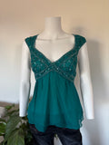 Vintage 2000s Aftershock Silk Teal Beaded Blouse