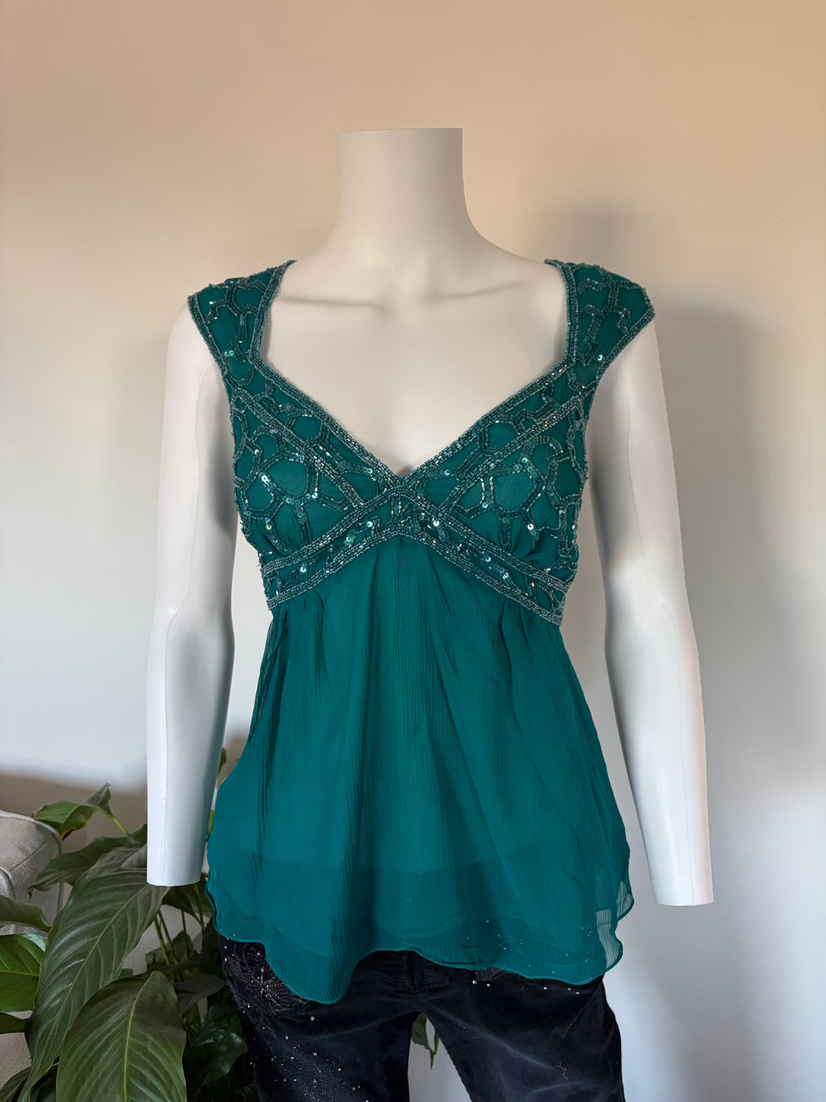 Vintage 2000s Aftershock Silk Teal Beaded Blouse