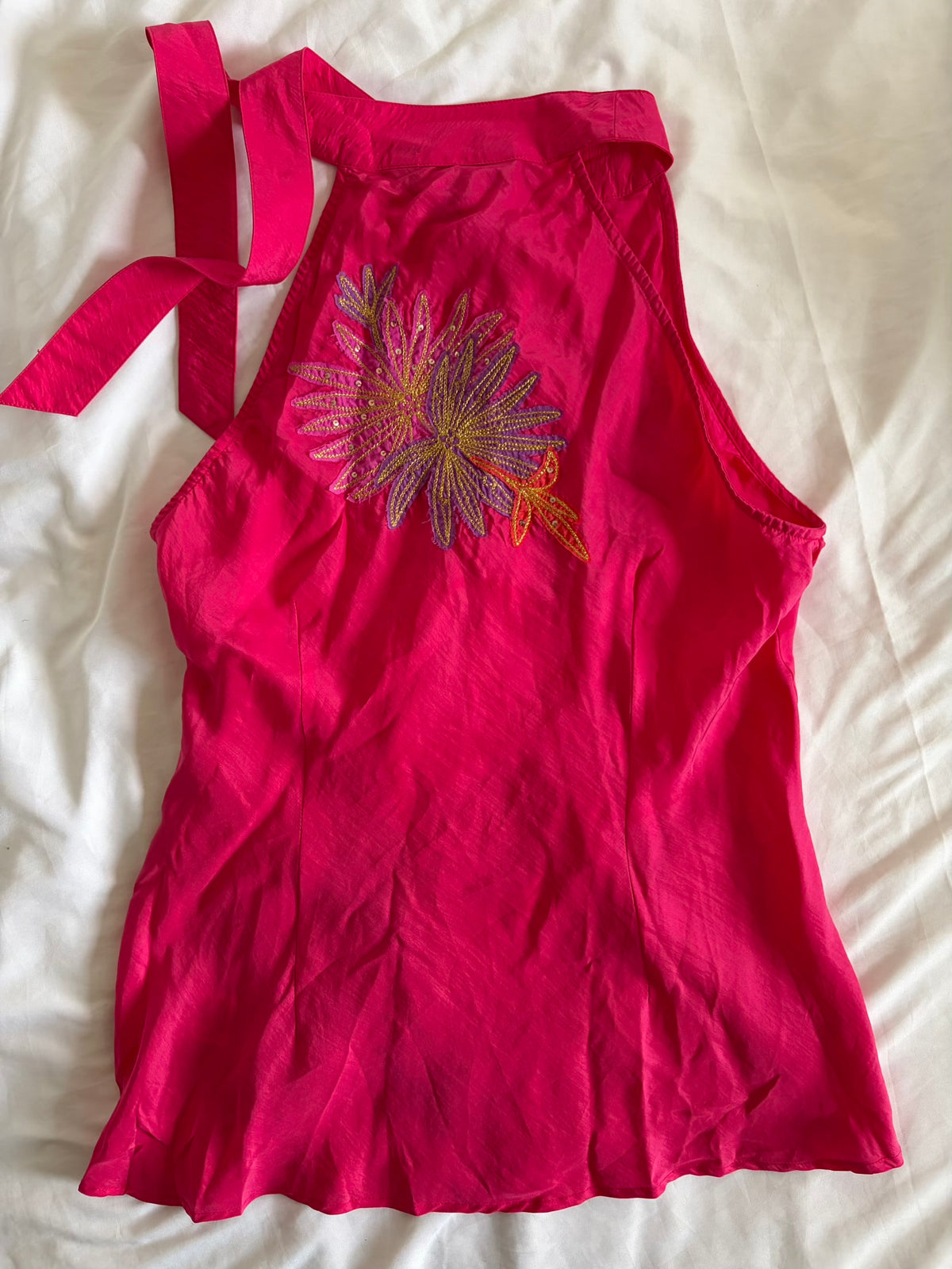 Vintage 2000s Silk Pink Halterneck Cami with Floral Appliqué, Embroidery and Sequins
