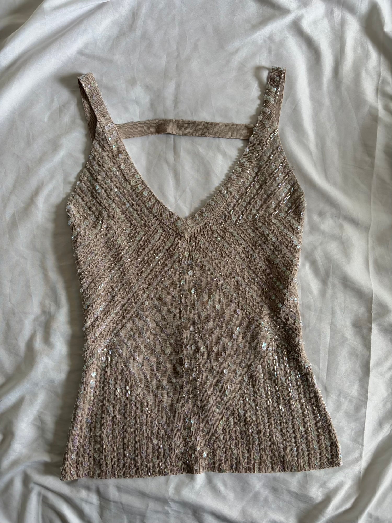 Vintage Y2K Knit Cami with Iridescent Sequins and Beads and Crossback Detail