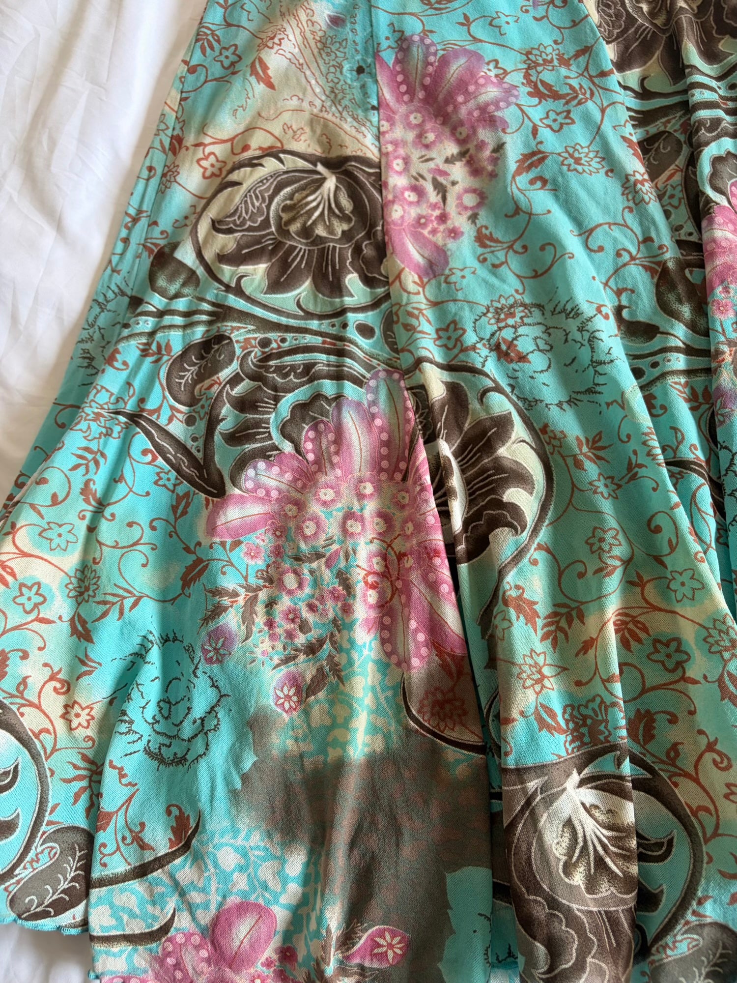 Vintage 1990s Blue Floral Graphic Micromesh Midi Skirt with Mermaid Hem
