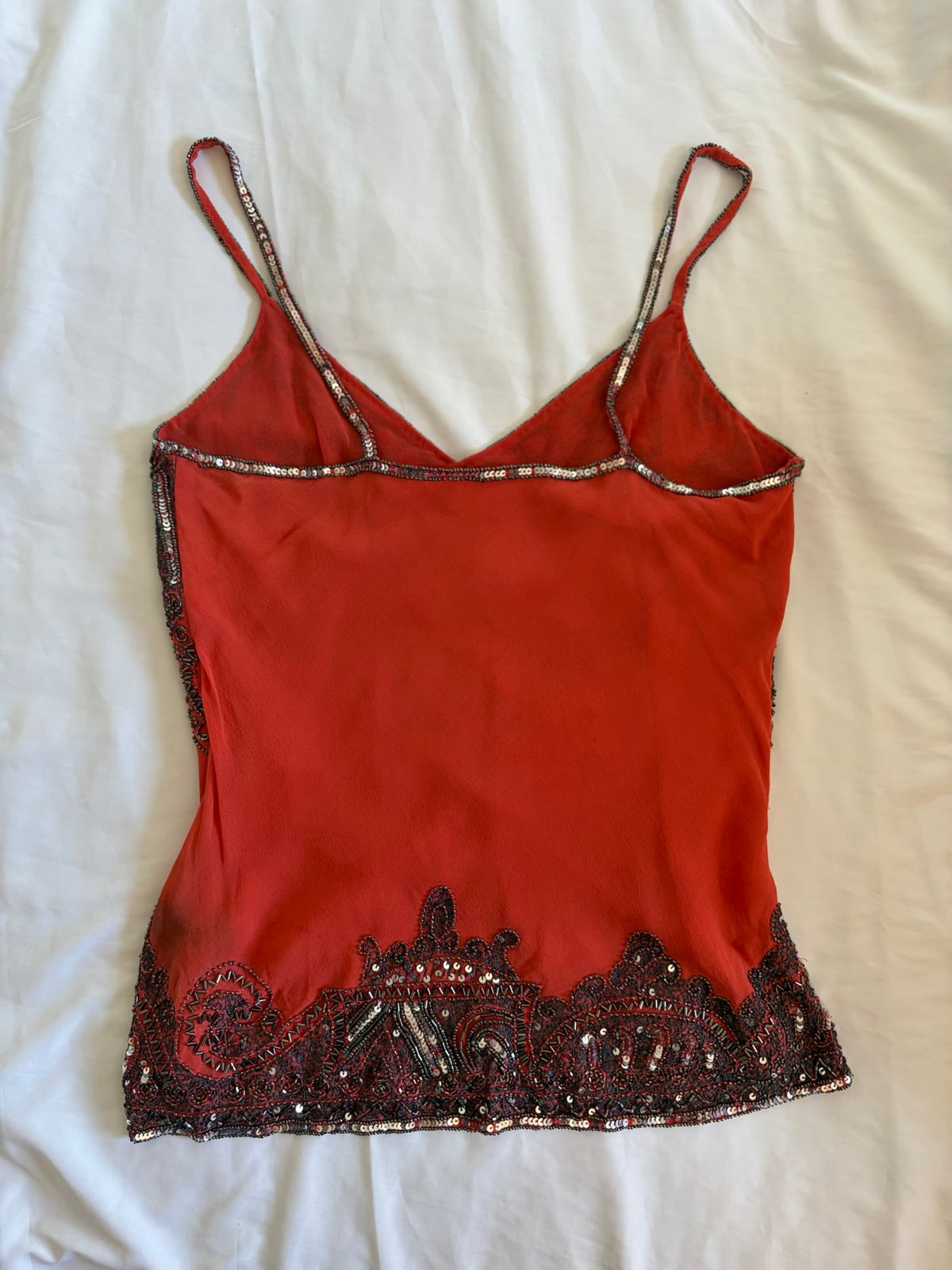 Vintage Y2K Aftershock Silk Coral Cami with Gunmetal Grey Sequin and Beaded Embellishment
