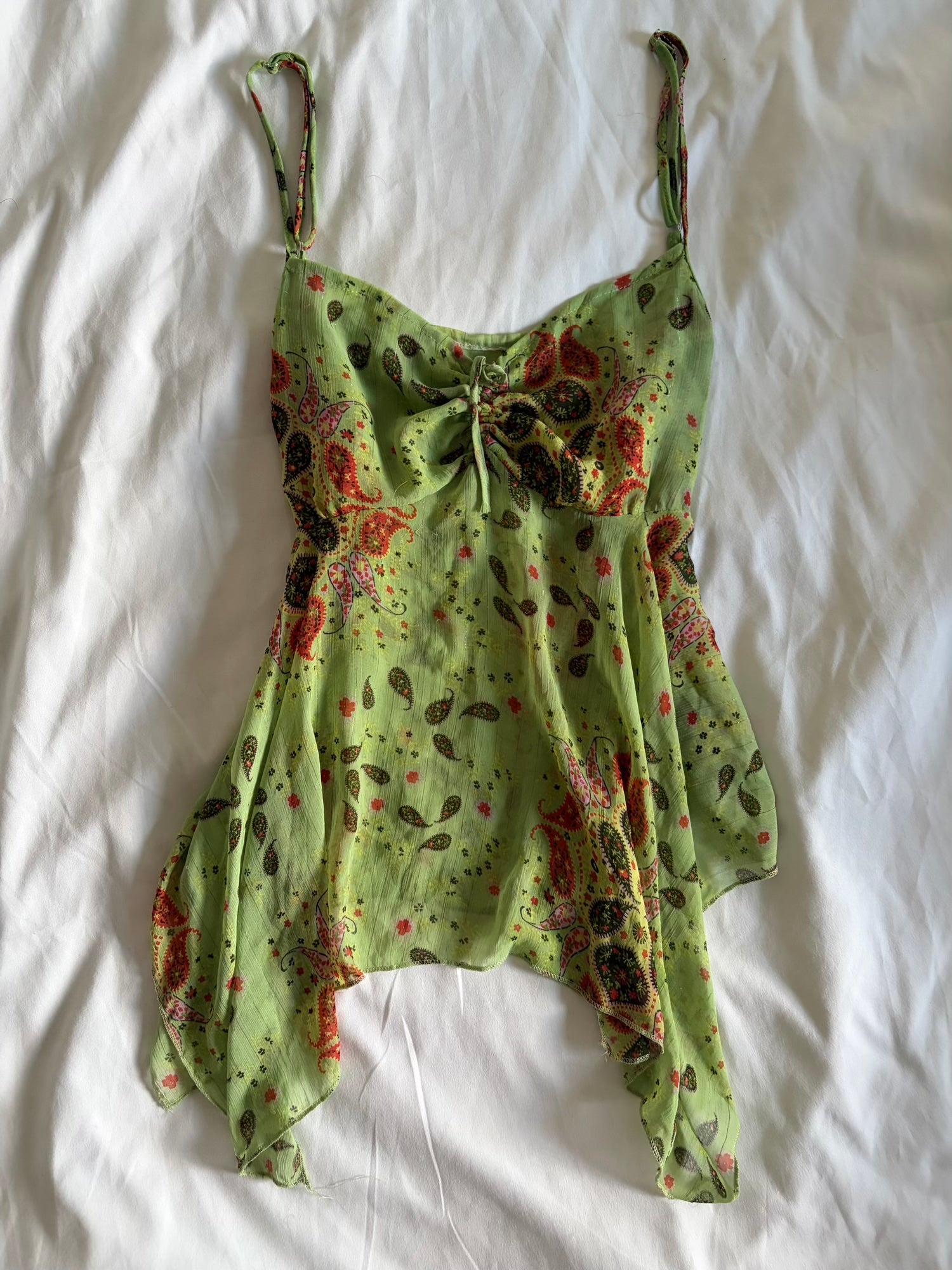 Vintage Y2K green paisley ruched bust cami with handkerchief hem and sparkles