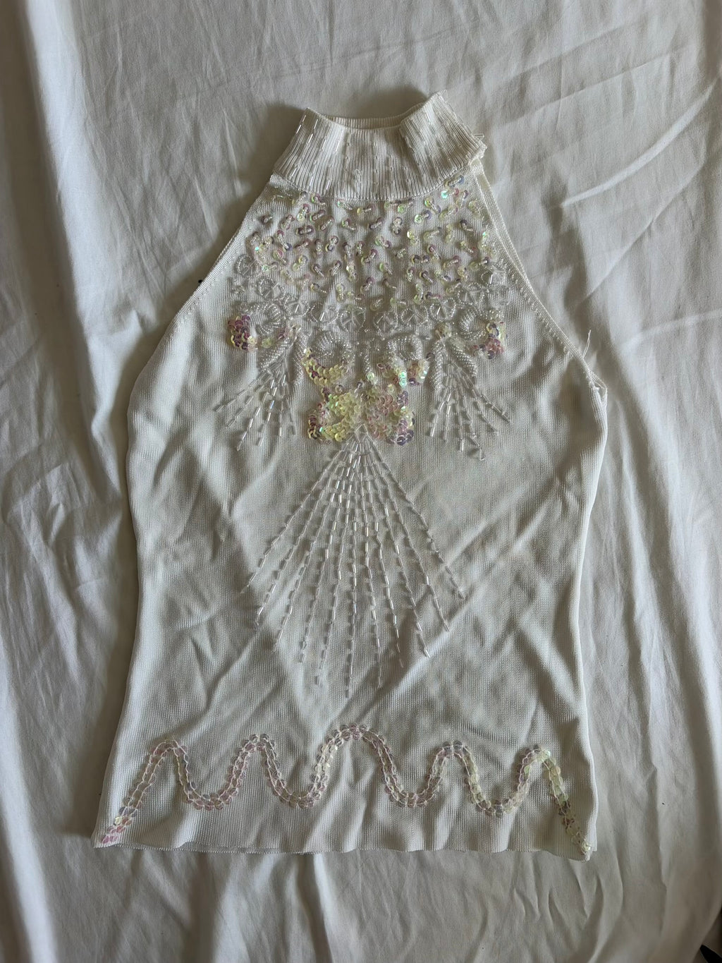 Vintage Y2K Cream Knit Halterneck Cami with Heavy Beading and Iridescent Sequins