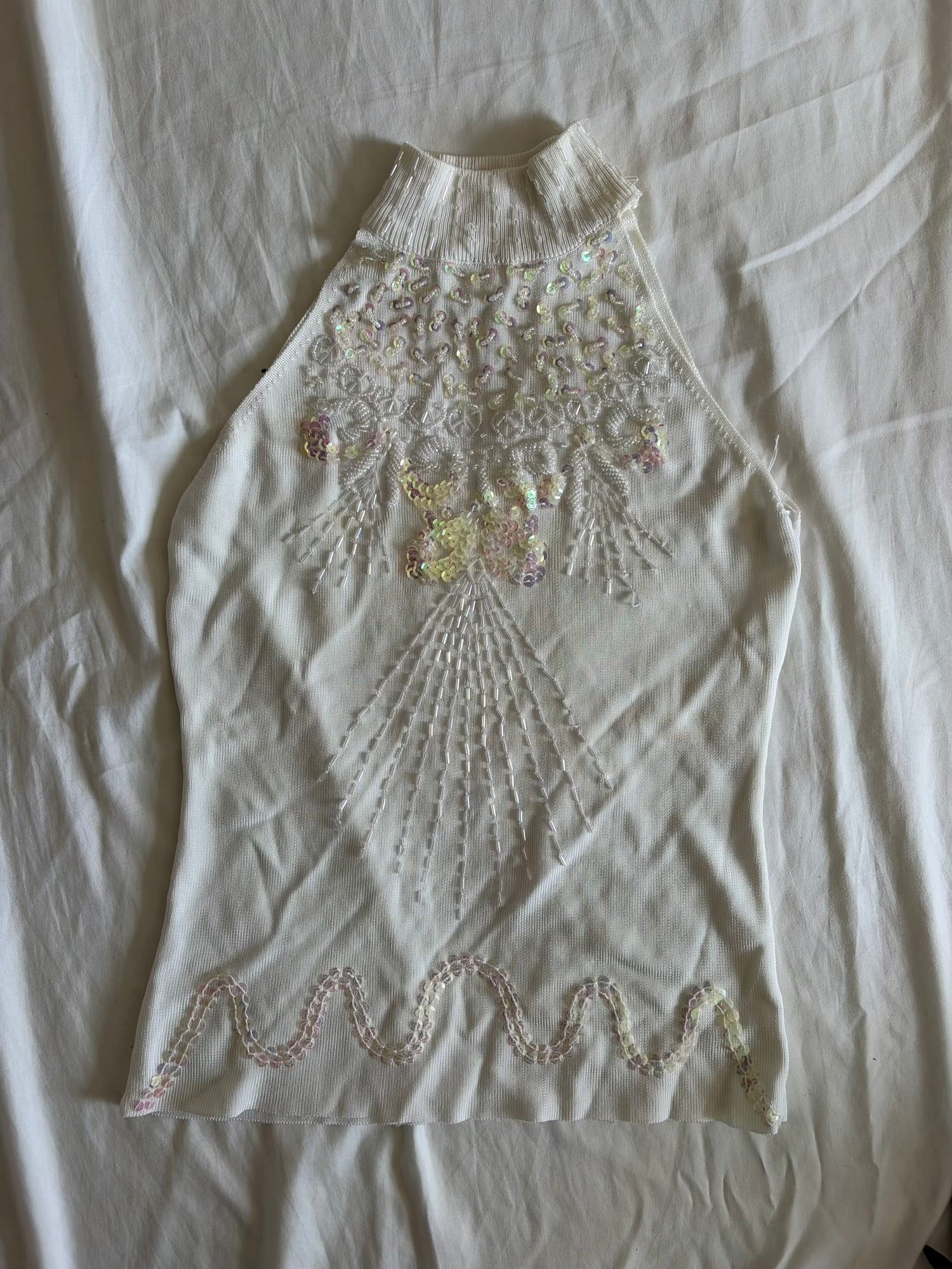 Vintage Y2K Cream Knit Halterneck Cami with Heavy Beading and Iridescent Sequins