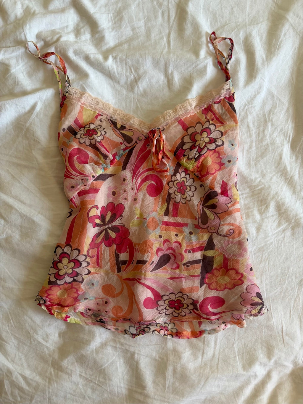 Vintage Y2K Italian silk butterfly and floral cami with lace bust