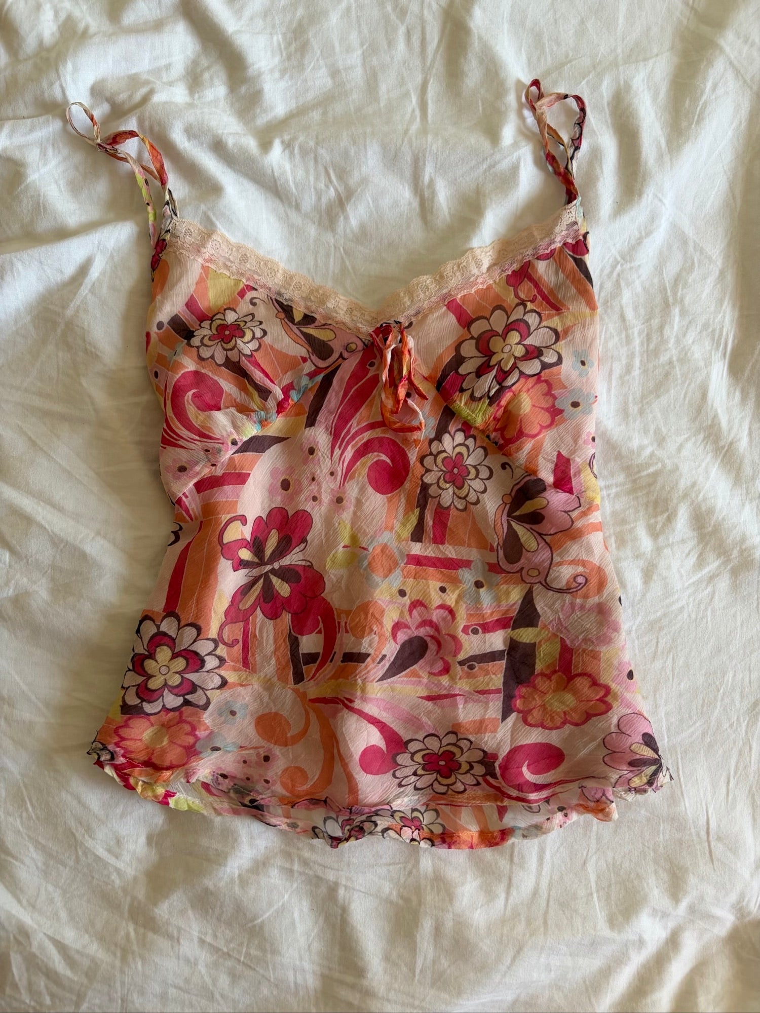 Vintage Y2K Italian silk butterfly and floral cami with lace bust