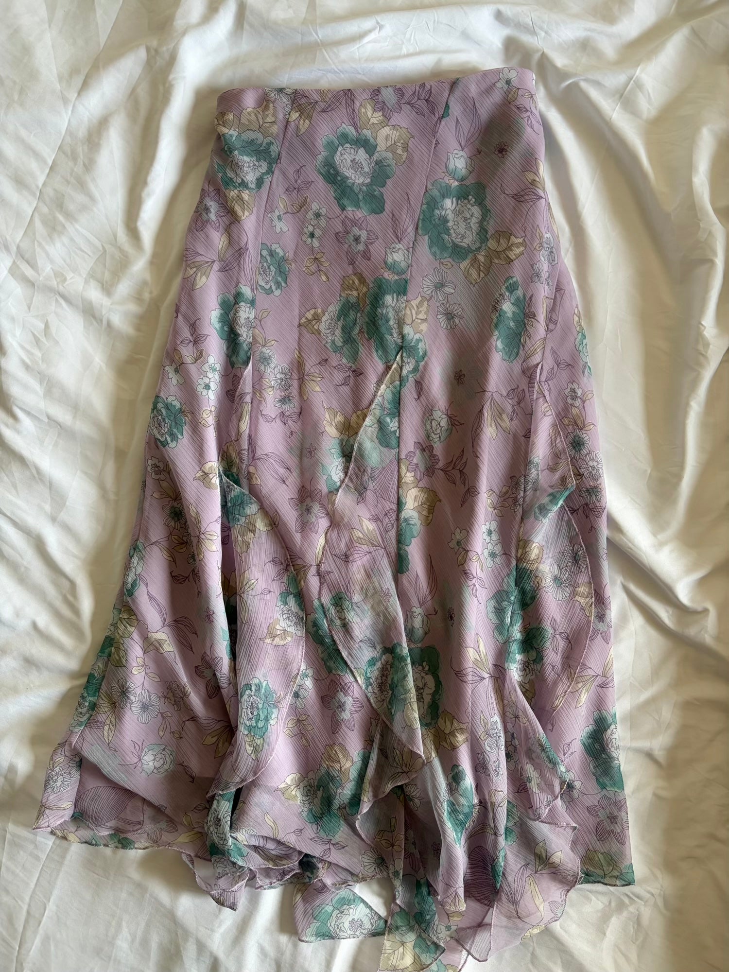 Vintage Y2K Pastel Lilac Floral Maxi Skirt with Fairy Hem