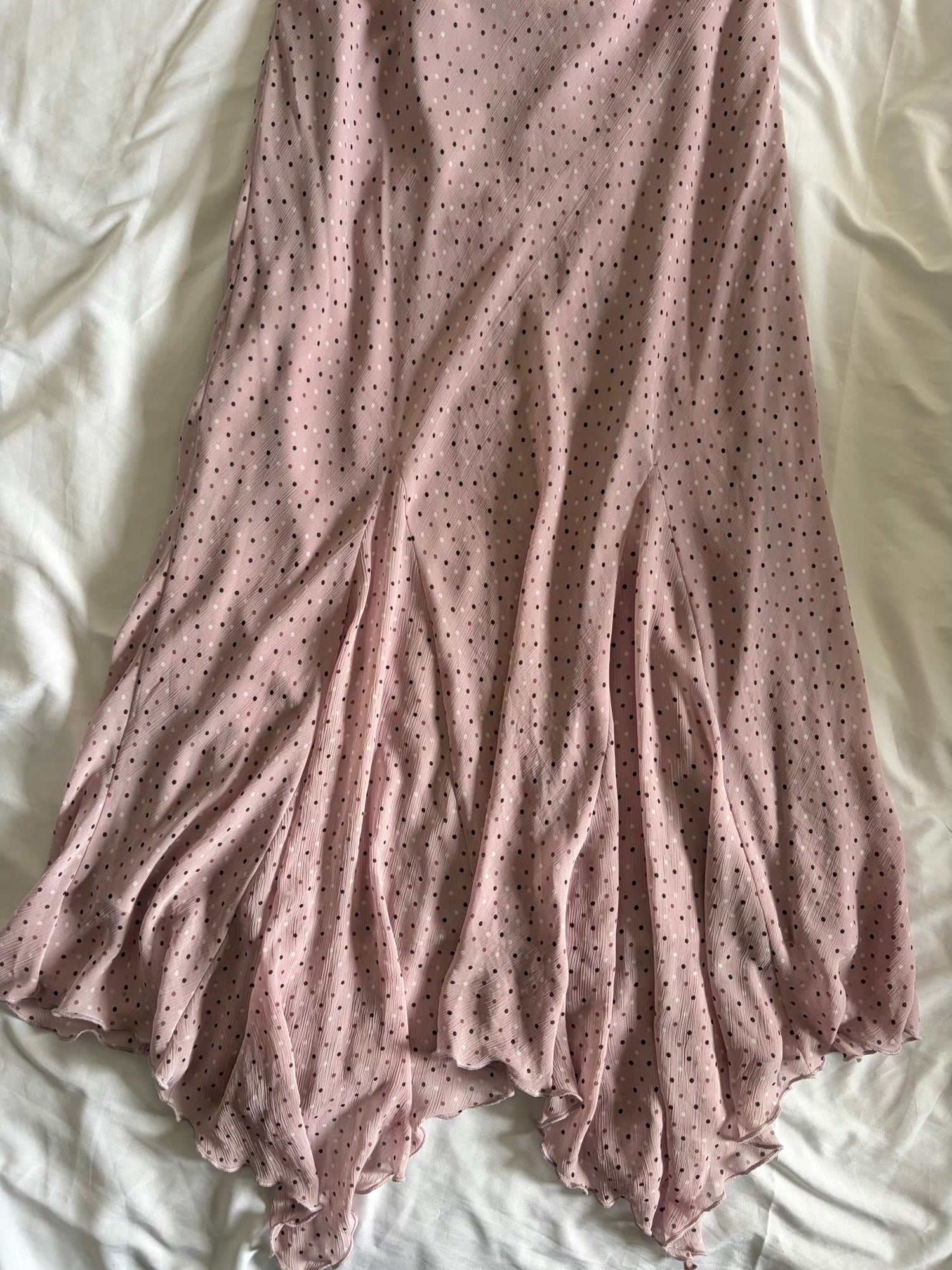 Vintage 1990s Lavender Ruched Bust Polka Dot Maxi Dress with Mermaid Hem
