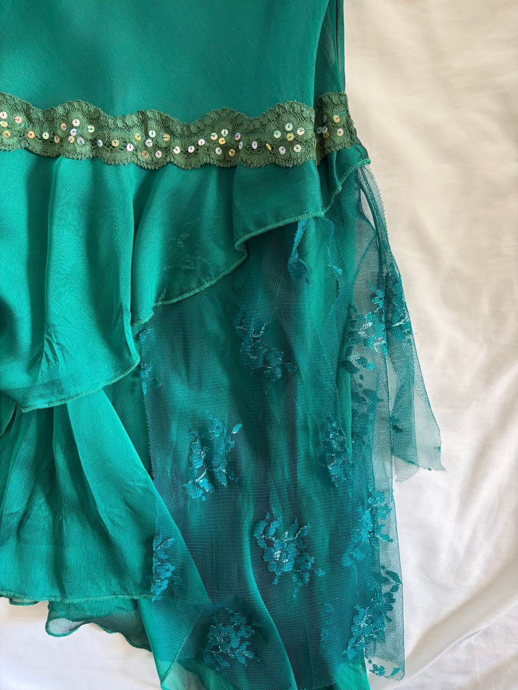 Vintage Y2K Teal Fairy Sheer Mini Asymmetrical Hem Dress with Lace and Sequins