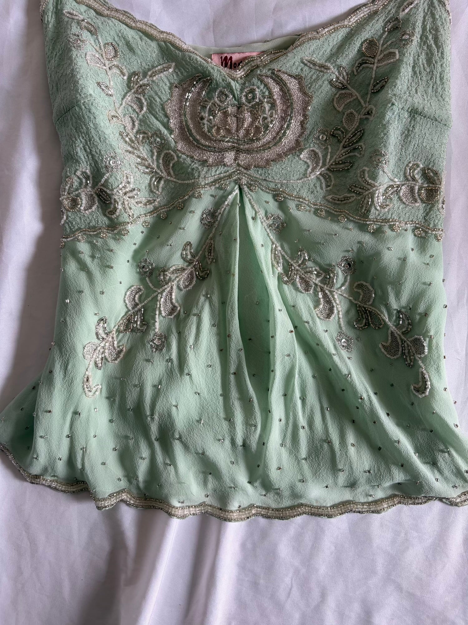 Vintage Y2K Silk Turquoise Mint Cami with Embroidery Beads and Sequin