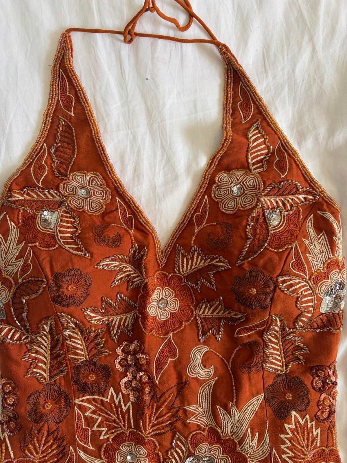 Vintage Y2K burnt orange silk beaded, bronze and silver sequin corset style halter - Size Medium