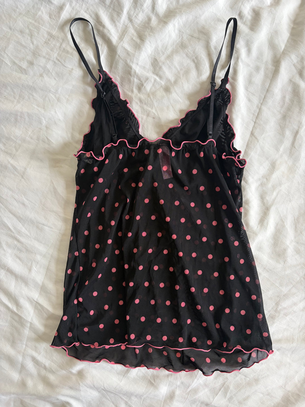 Vintage 2000s Black Mesh Cami with Hot Pink Polka Dots