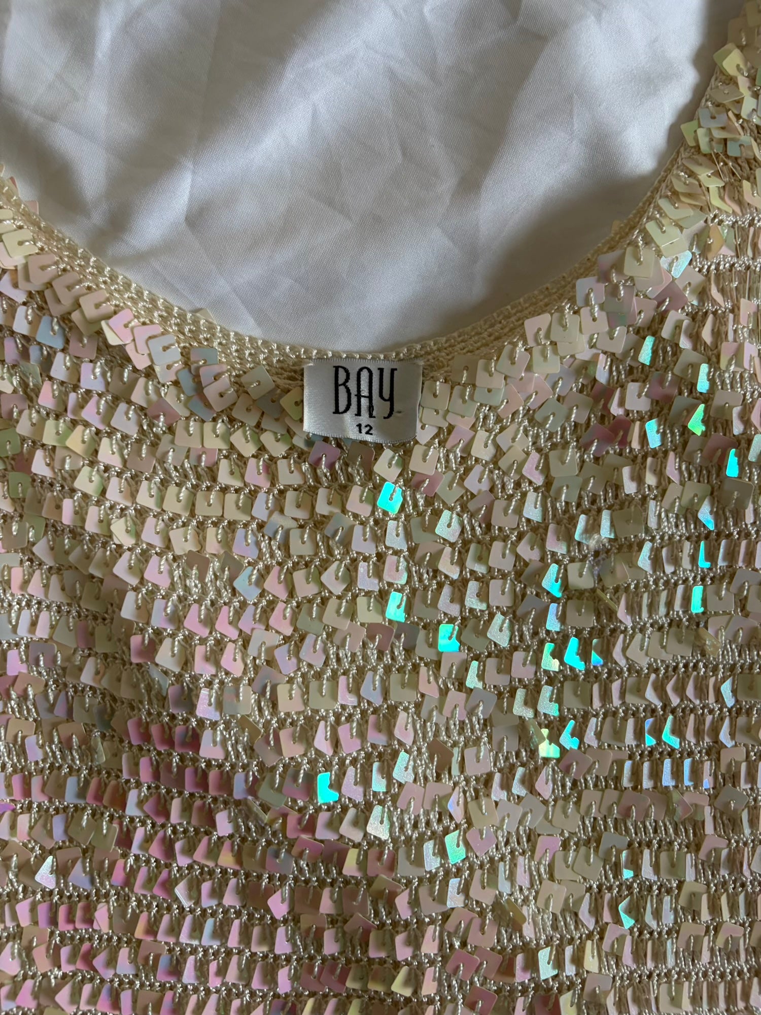 Vintage Y2K Bay Cream Scoop Neck Crochet Iridescent Sequin Cami