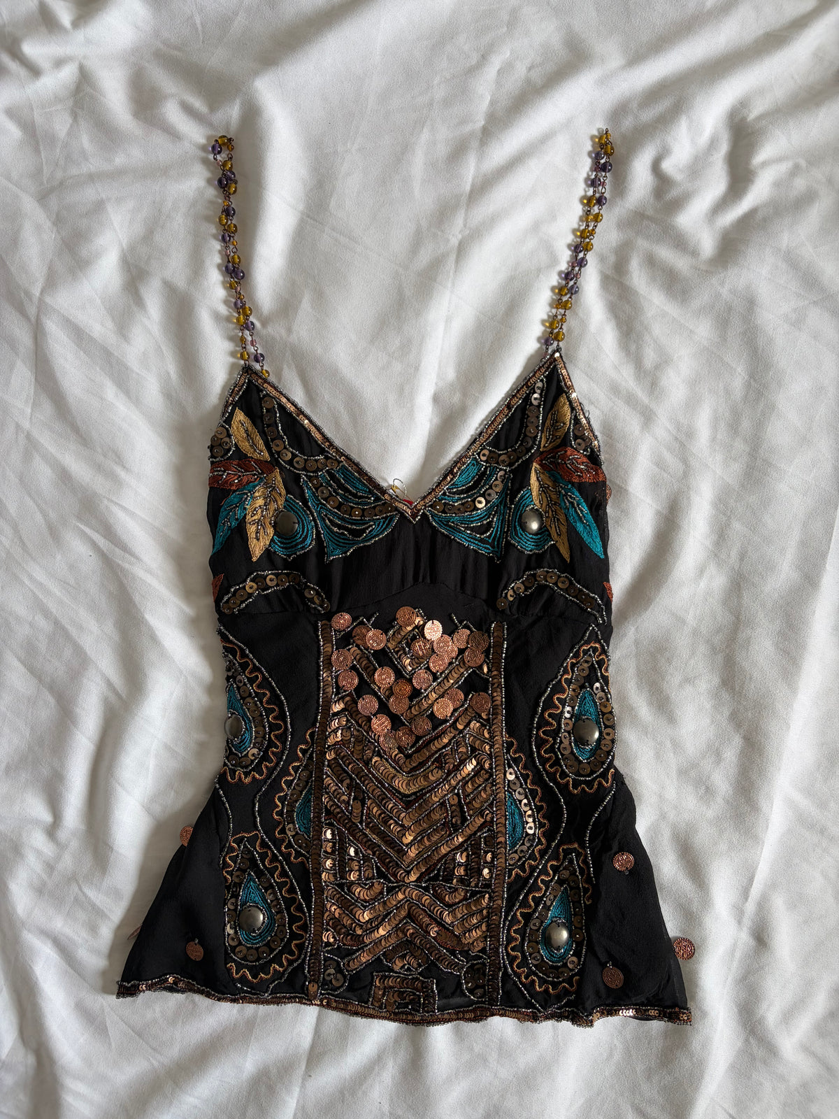 Vintage Aftershock Silk Black Embellished Sequin and Beaded Cami