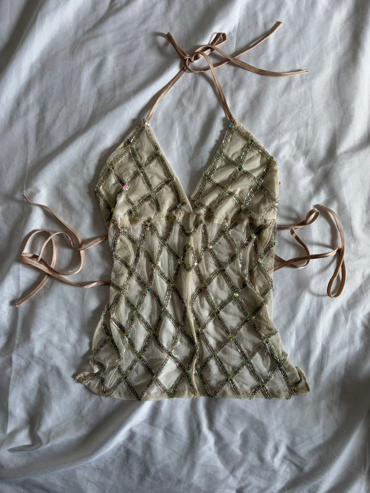 Handmade Backless Cream Cami with Beads and Iridescent Sequins