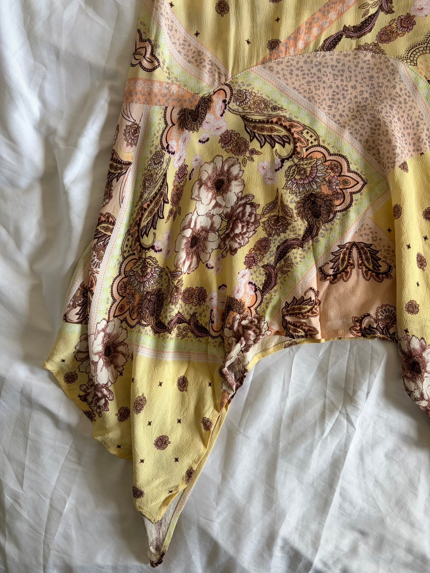 Vintage Y2K Yellow and Brown Asymmetrical Hem Paisley Midi Skirt