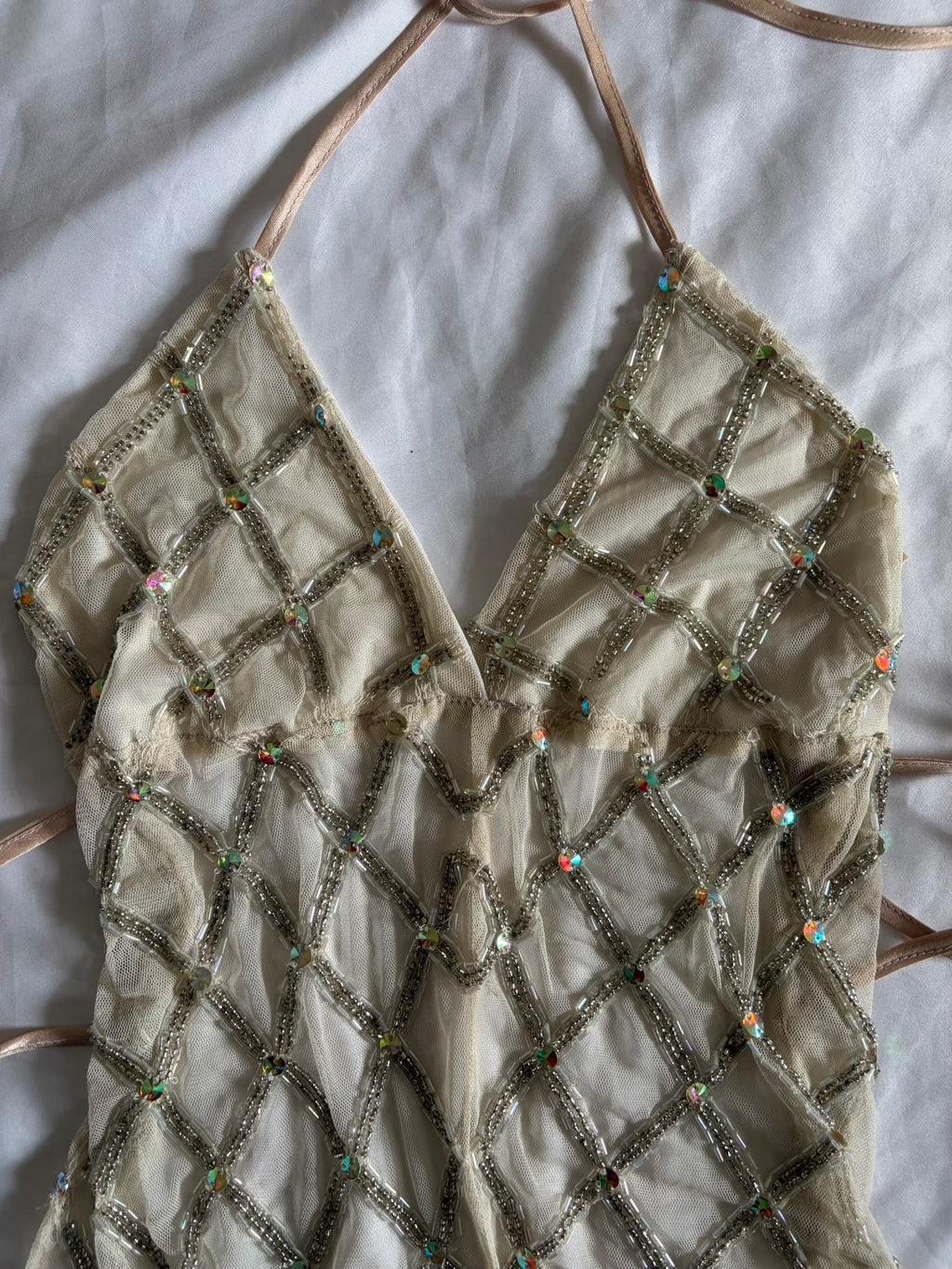Handmade Backless Cream Cami with Beads and Iridescent Sequins