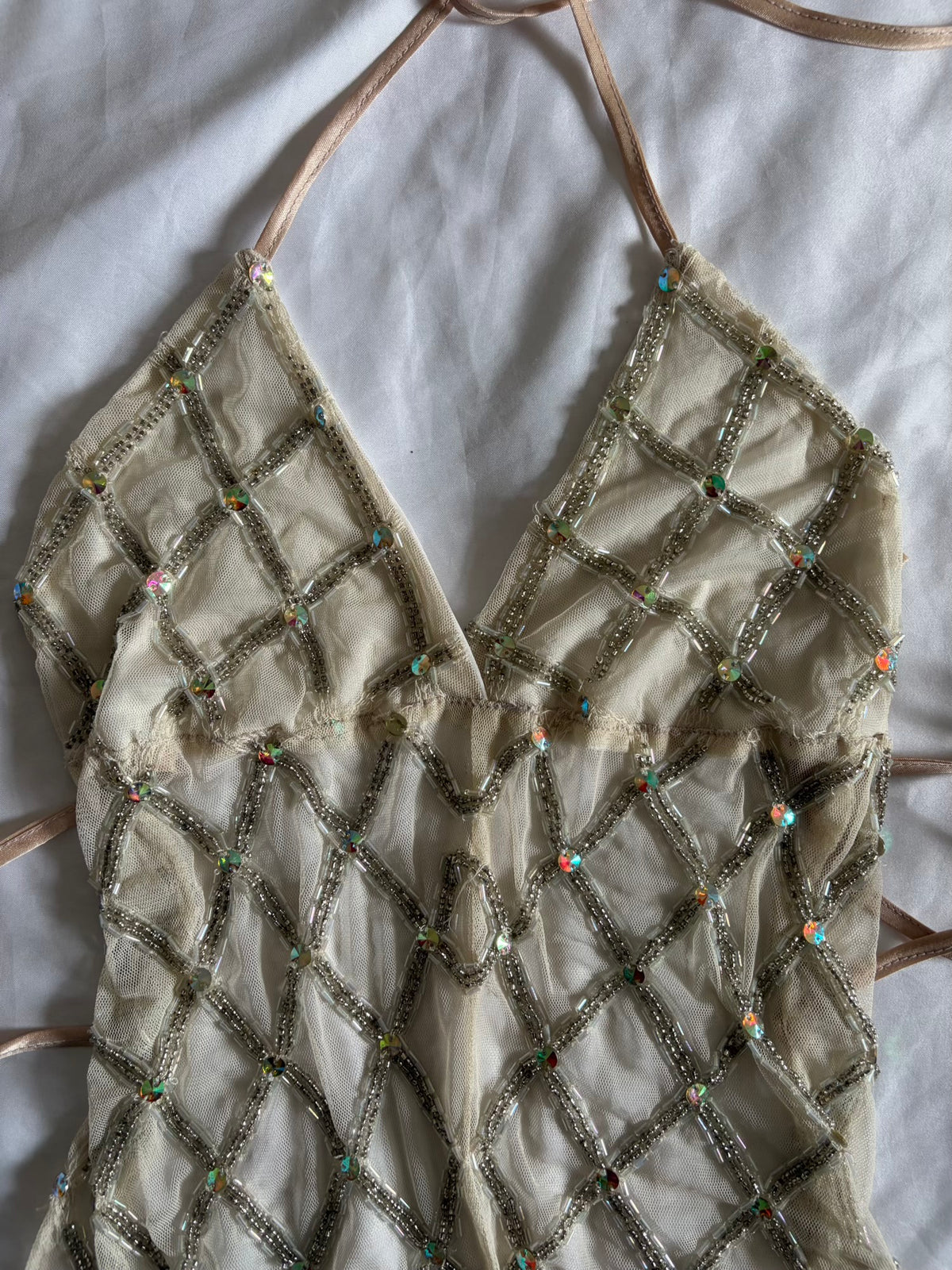 Handmade Backless Cream Cami with Beads and Iridescent Sequins