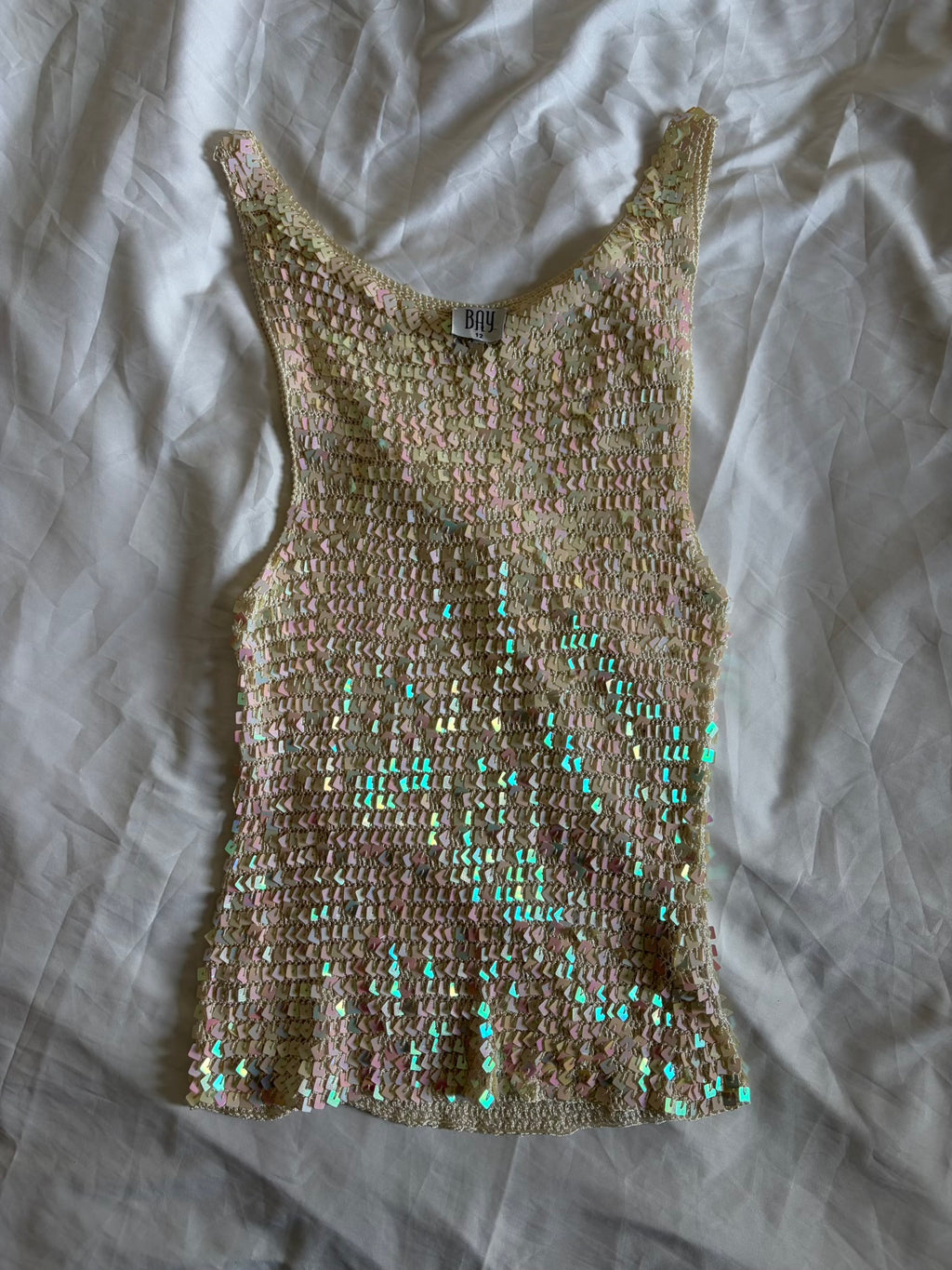 Vintage Y2K Bay Cream Scoop Neck Crochet Iridescent Sequin Cami