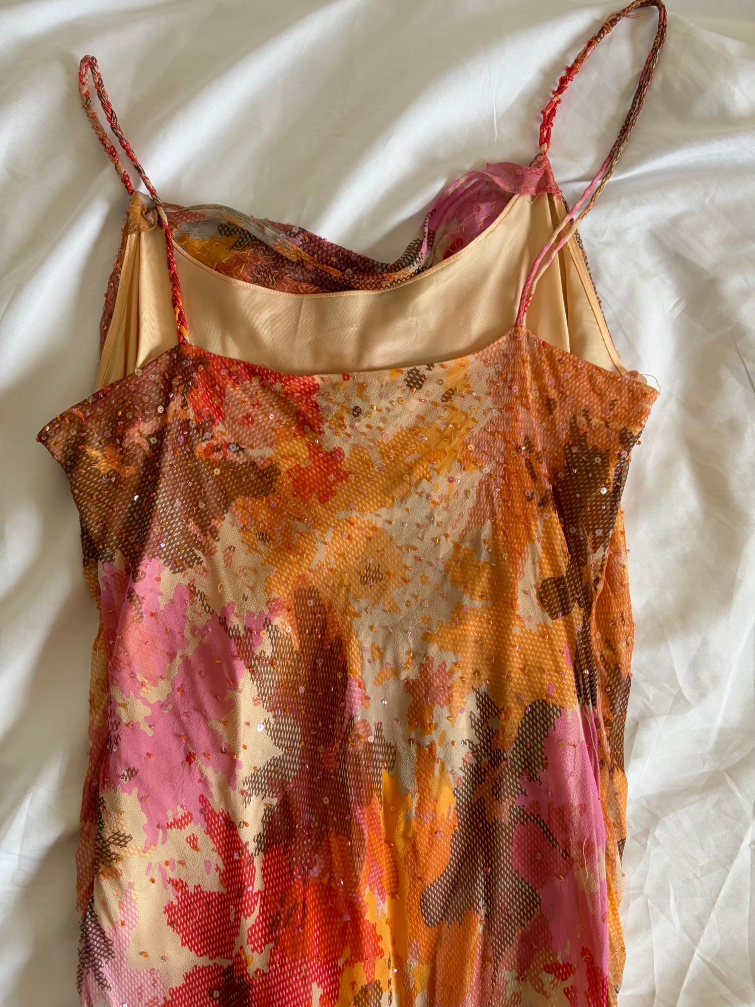 Vintage Y2K Rare Silk Asymmetrical Hem Sunset Orange, Red and Brown Midi Dress with Beads and Sequins