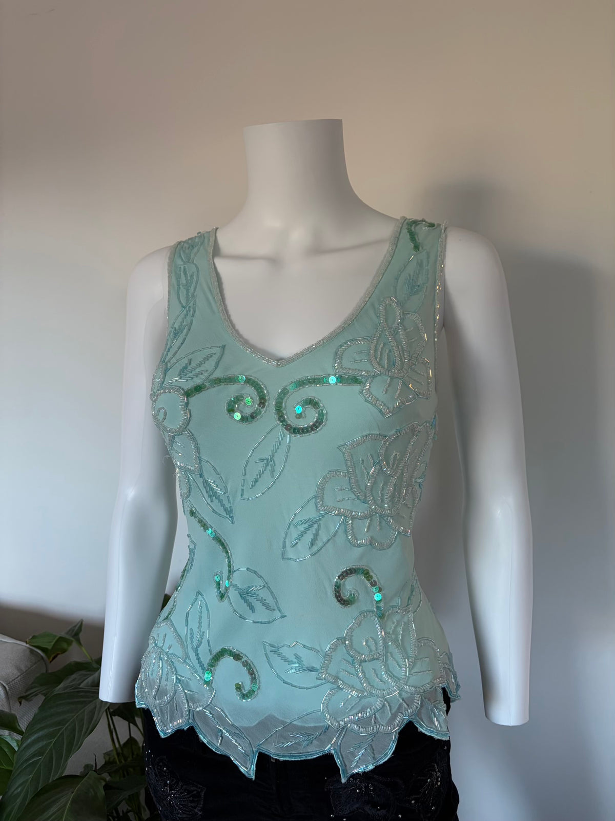 Vintage 2000s Silk Turquoise Heavily Beaded and Sequin Blouse