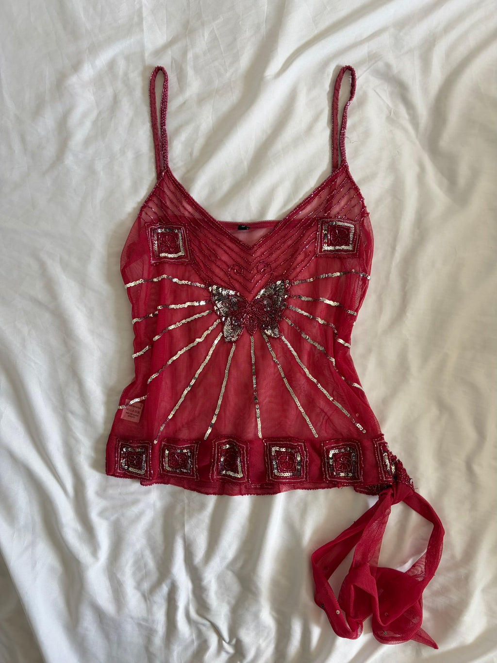 Vintage Y2K Raspberry Pink Mesh Butterfly Sequin Cami