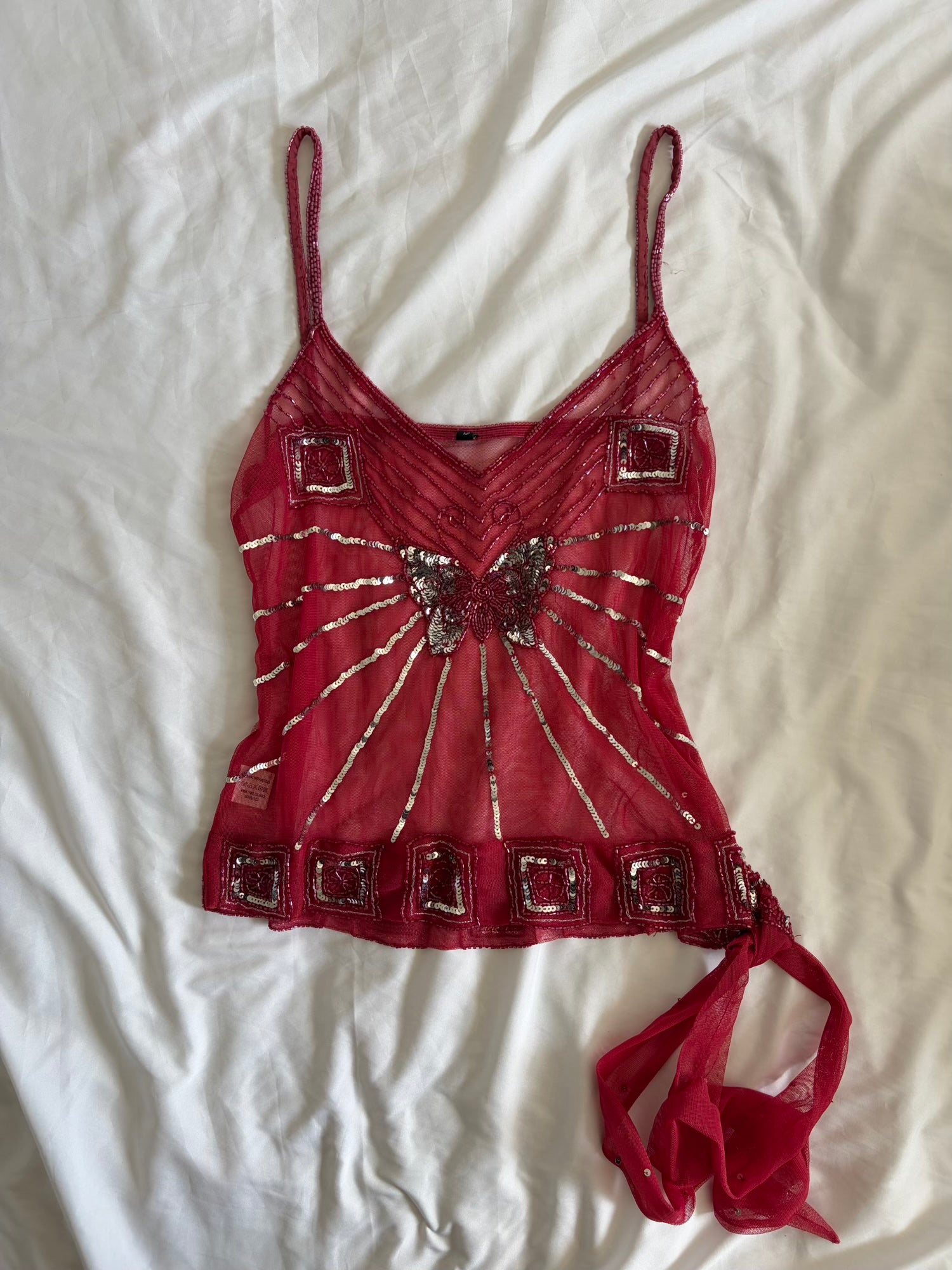 Vintage Y2K Raspberry Pink Mesh Butterfly Sequin Cami