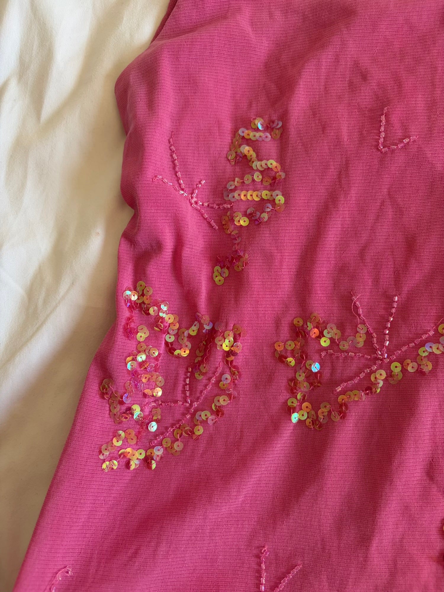 Vintage Y2K bubblegum pink micromesh cami with sequin and beaded detail