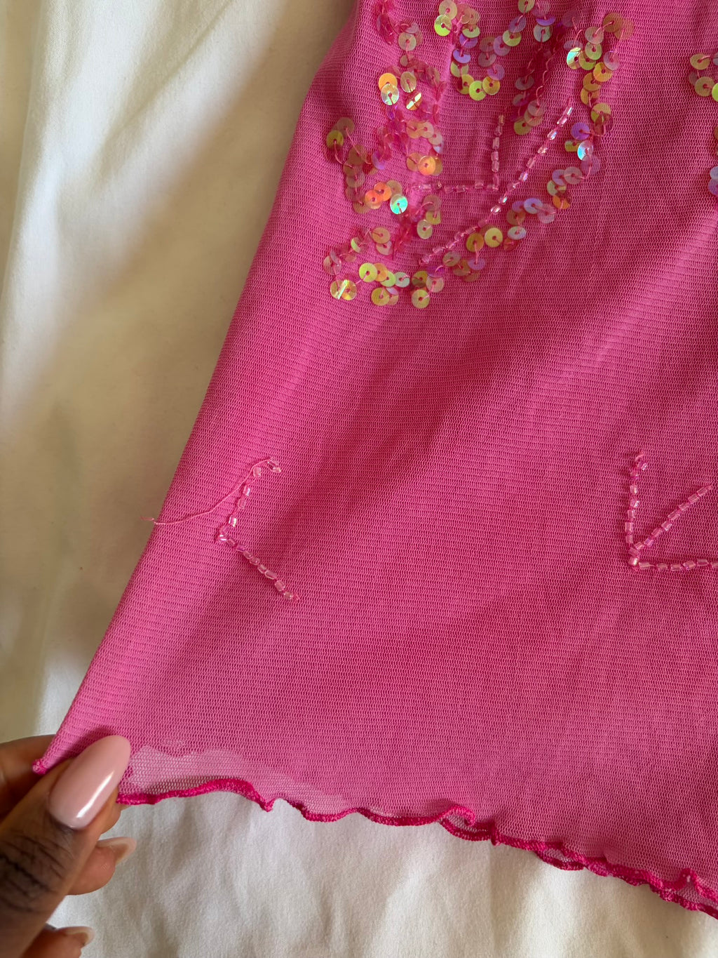 Vintage Y2K bubblegum pink micromesh cami with sequin and beaded detail