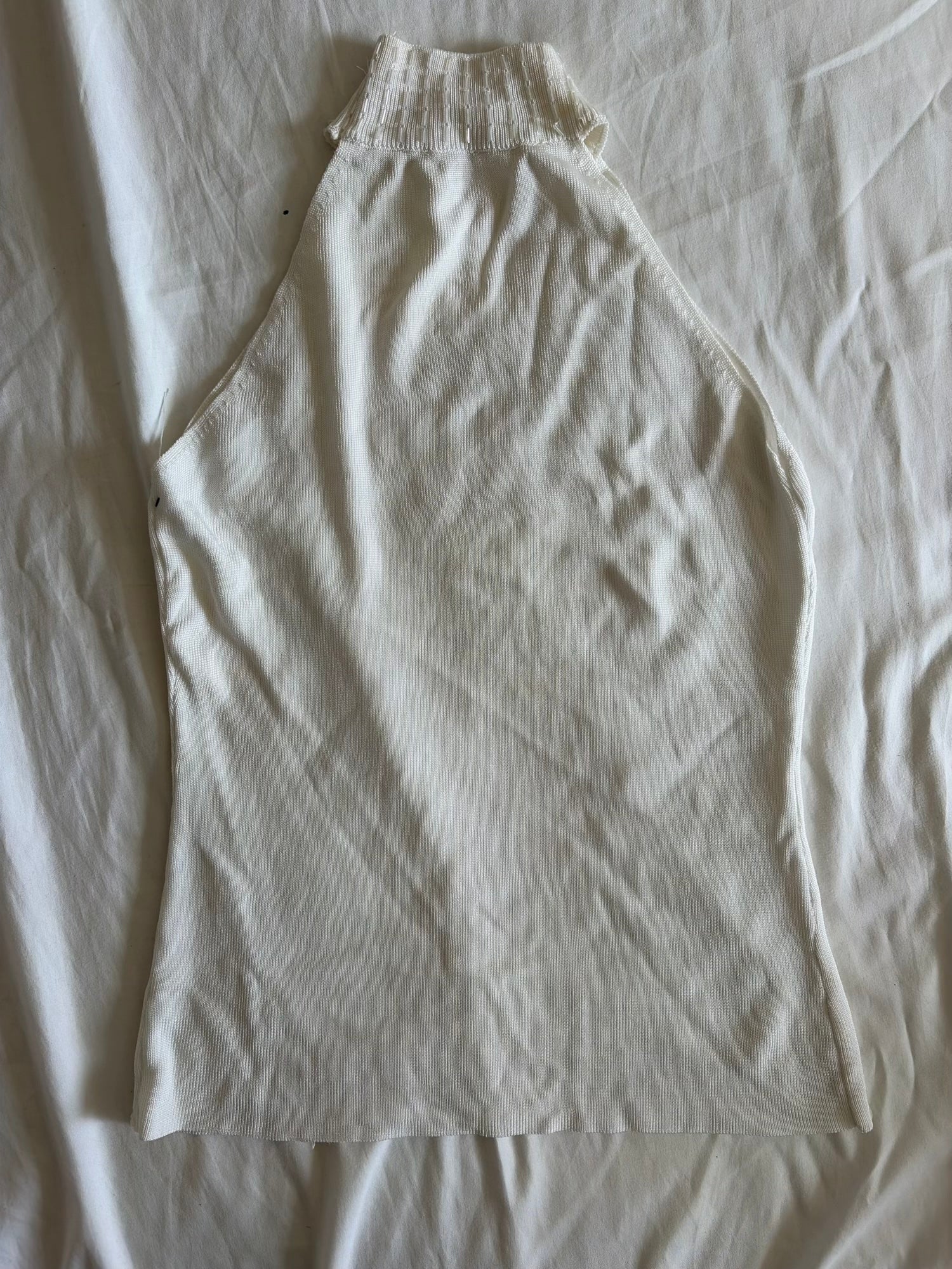Vintage Y2K Cream Knit Halterneck Cami with Heavy Beading and Iridescent Sequins